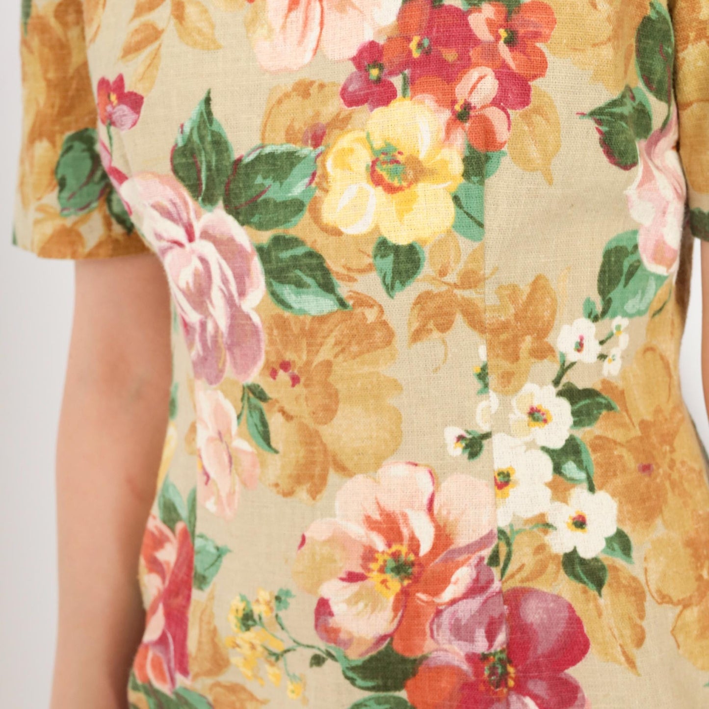 90s Petite Sophisticate Floral Mini Dress Tan Sheath Square Neck Extra Small