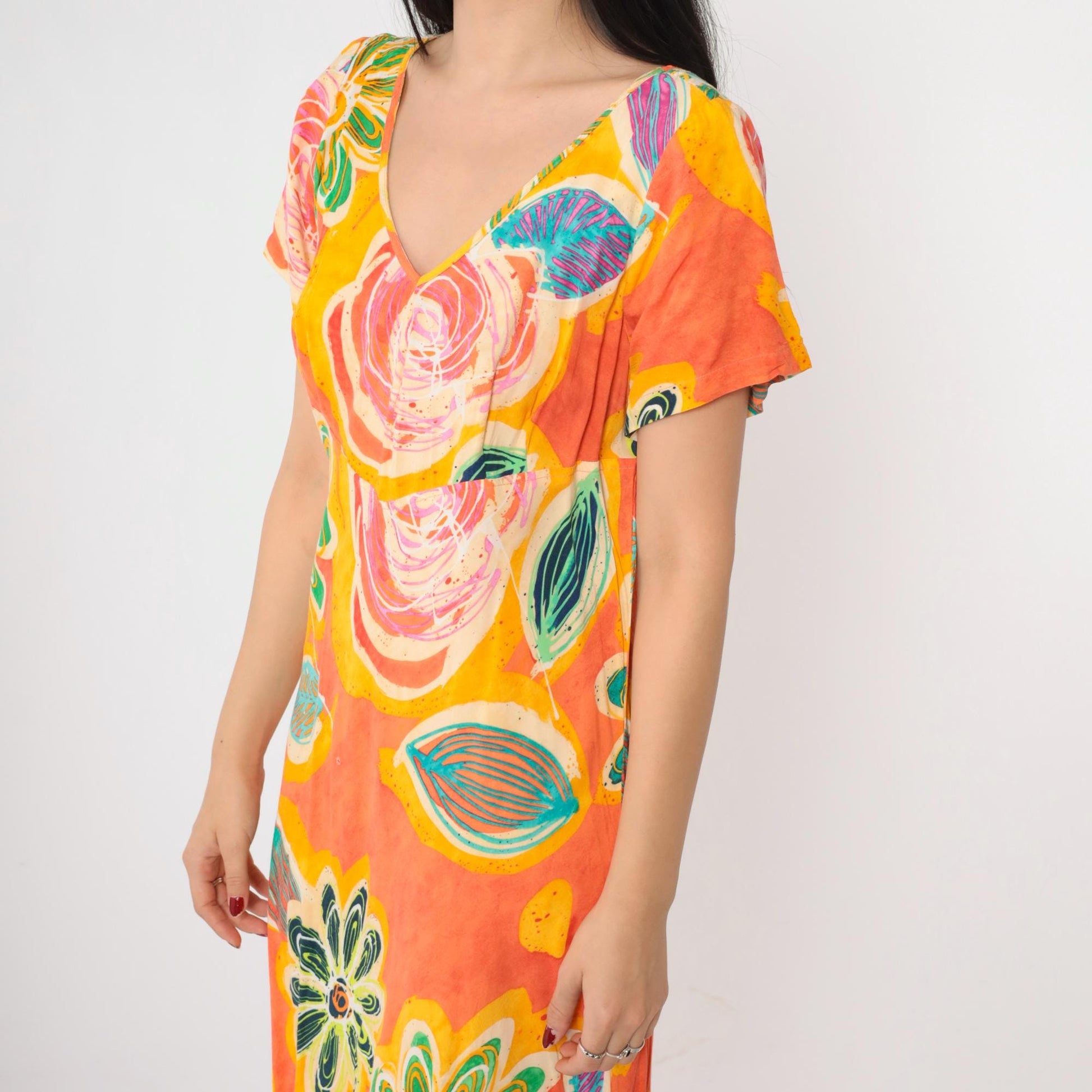 00s Jams World Tropical Floral Midi Dress Abstract Print Silk Orange Large L