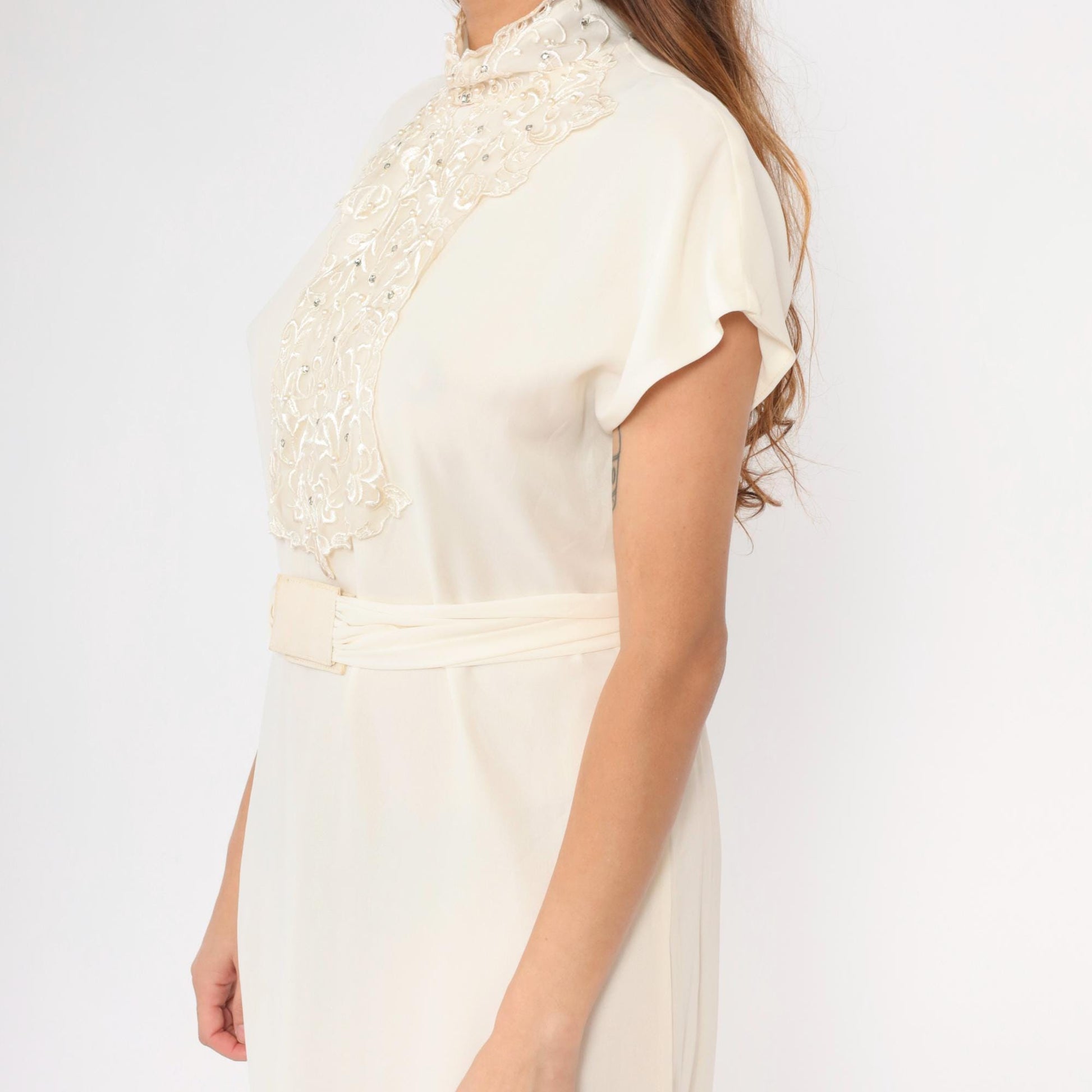 80s Patra Cream Floral Embroidered Beaded Midi Dress Dolman Sleeve Small