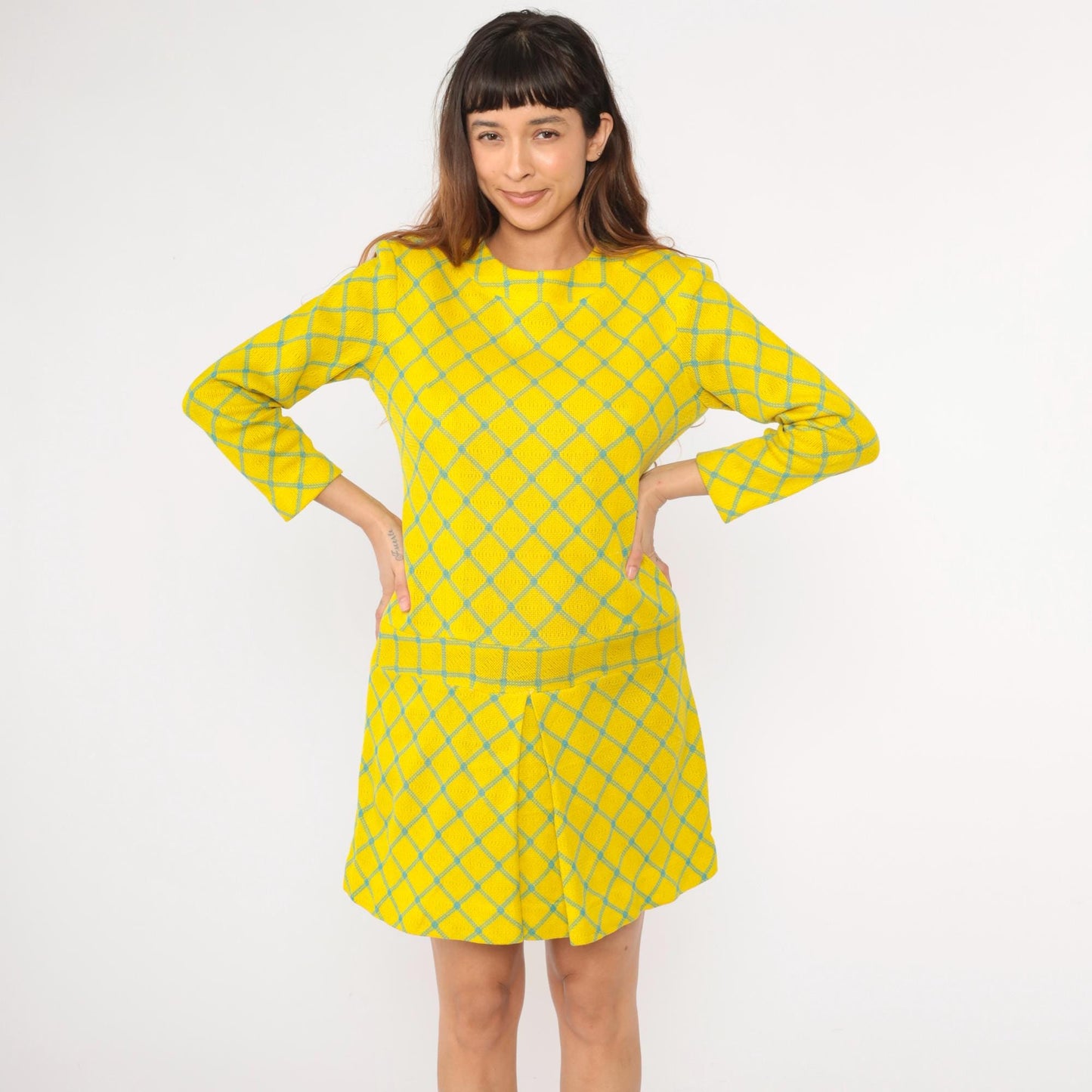60s Yellow Checkered Drop Waist Mini Dress Long Sleeve Pleated Scooter Small
