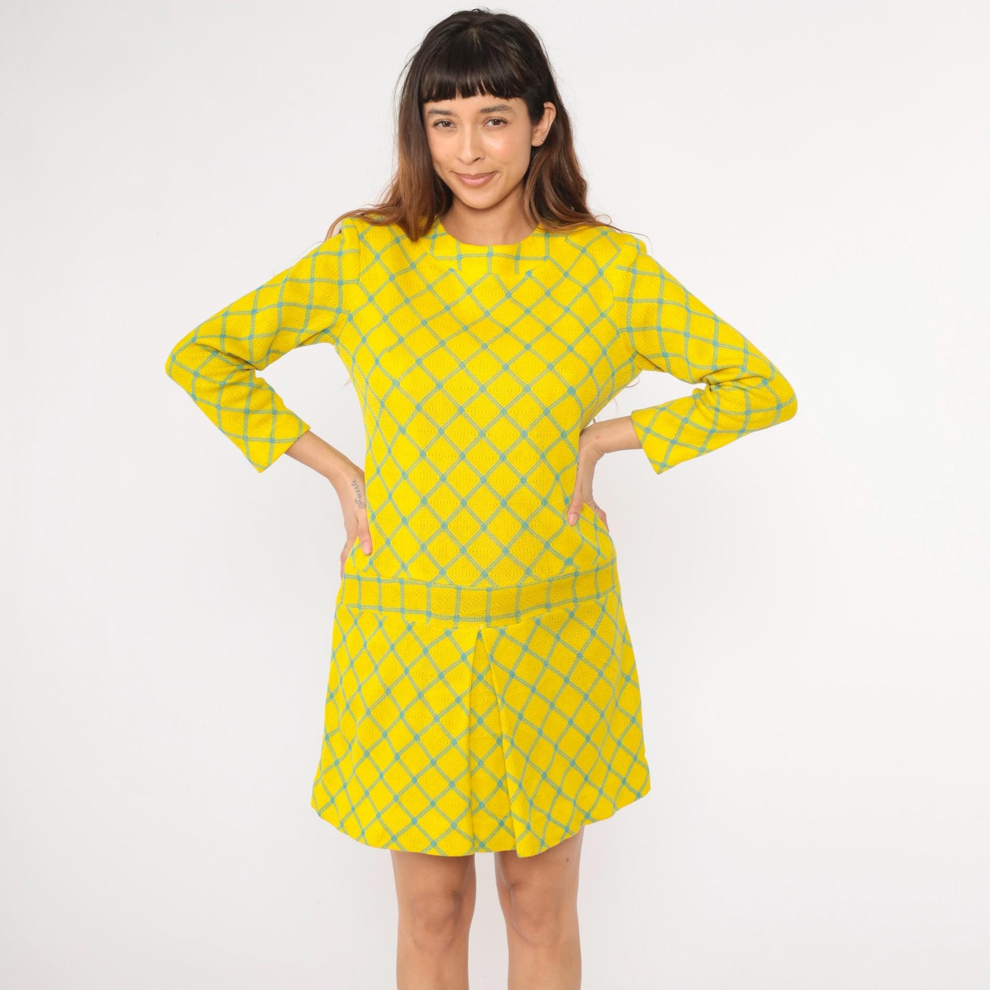 60s Yellow Checkered Drop Waist Mini Dress Long Sleeve Pleated Scooter Small