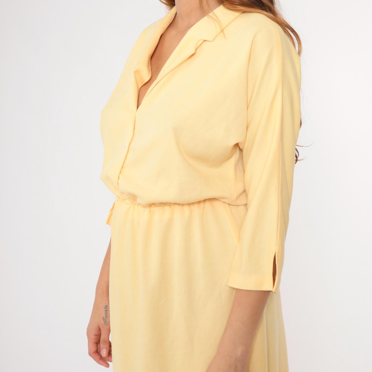 80s Yellow Midi Dress V Neck High Waist 3/4 Sleeve Small Medium