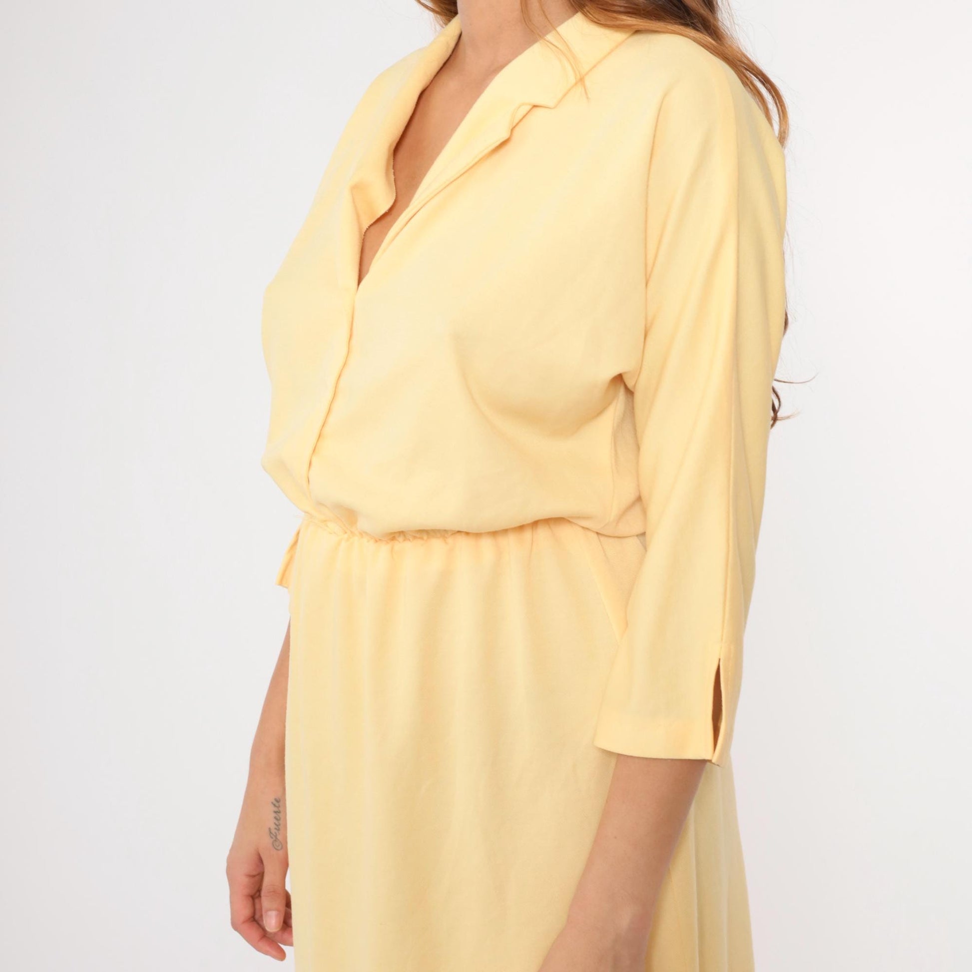 80s Yellow Midi Dress V Neck High Waist 3/4 Sleeve Small Medium
