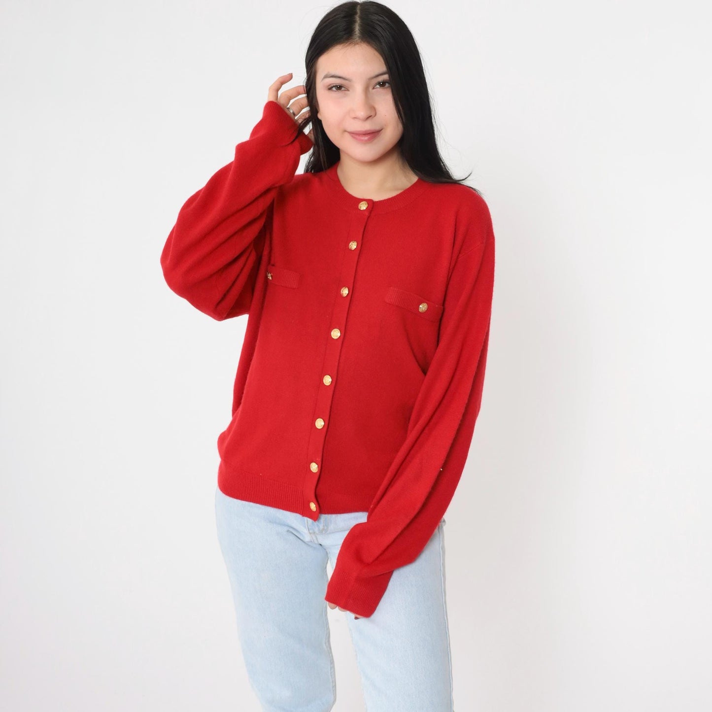 90s Red Cardigan Gold Buttons Acrylic Knit Sweater Large