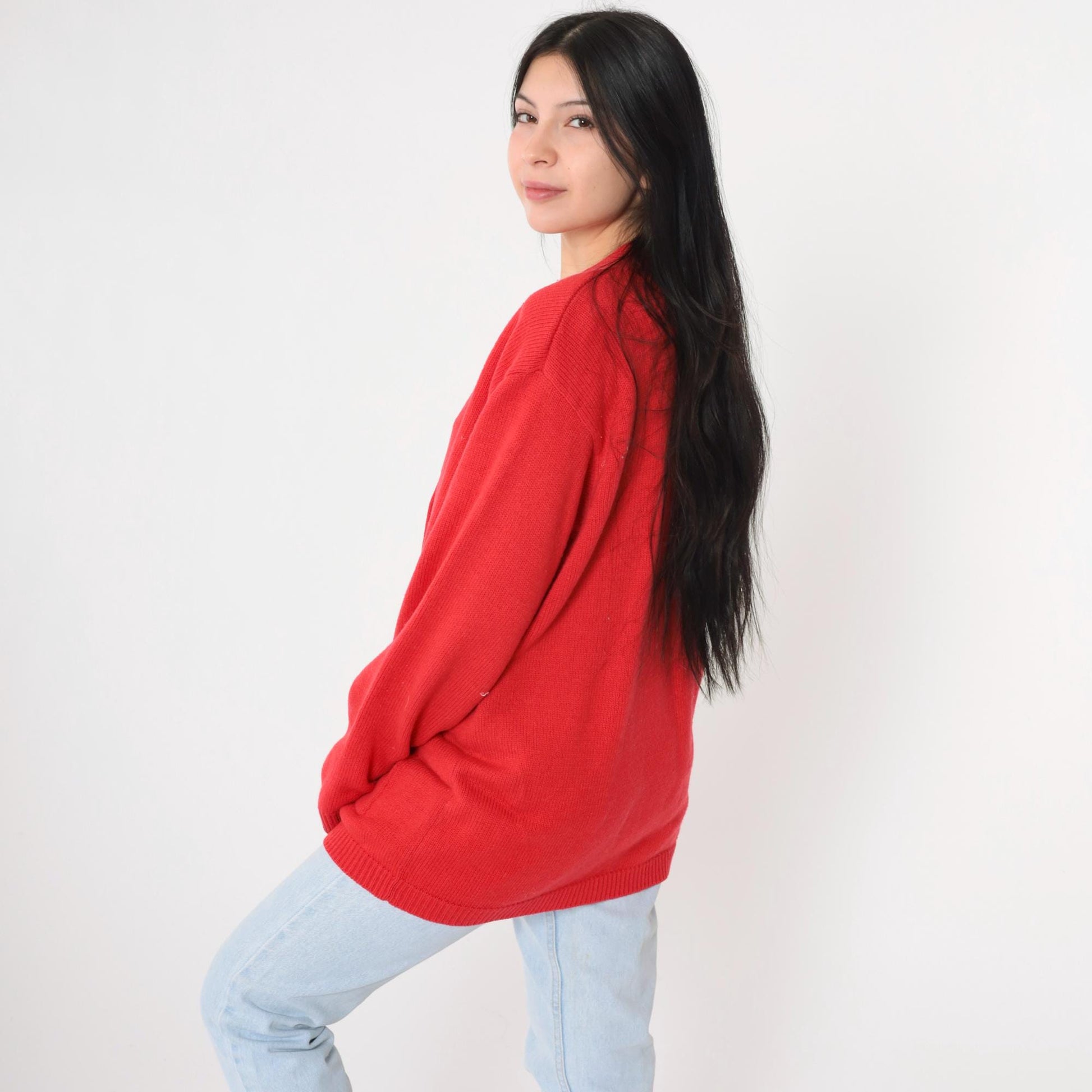 80s Karen Scott Wool Cardigan Red Gold Button Knit Sweater Large L