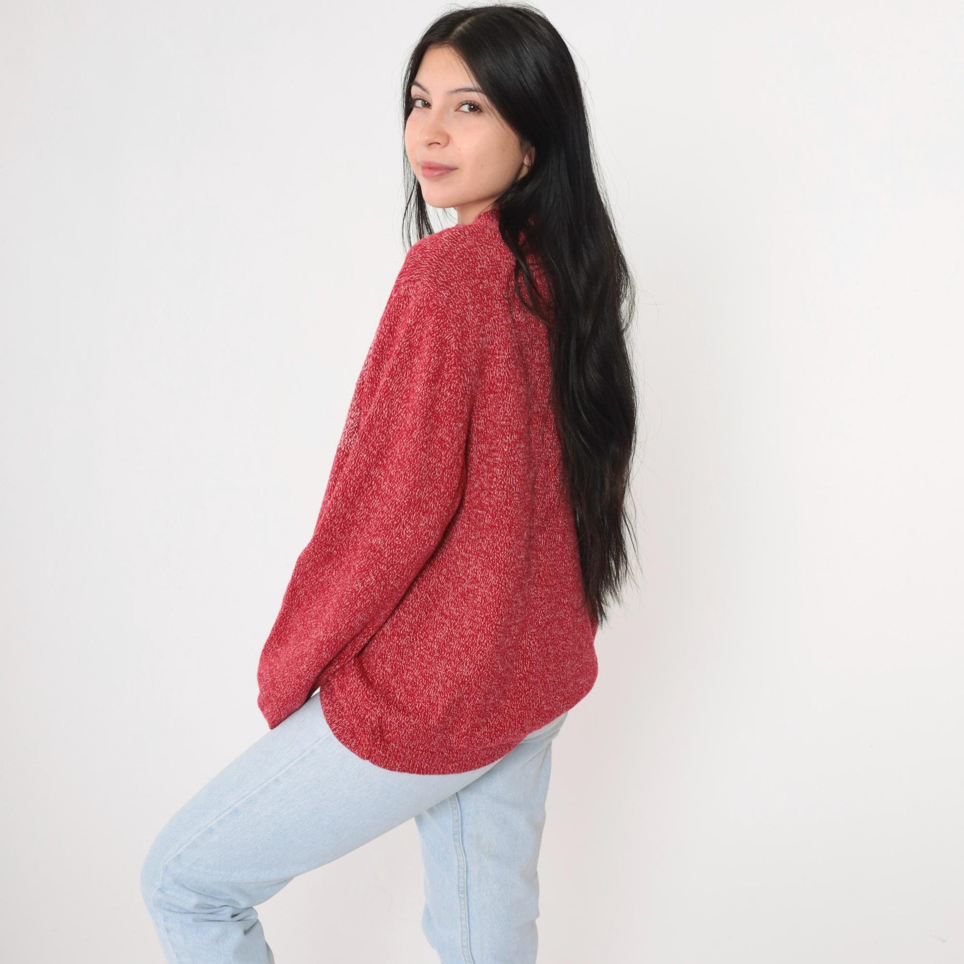 90s Red Beaded Snowflake Mock Neck Knit Sweater Pullover Large