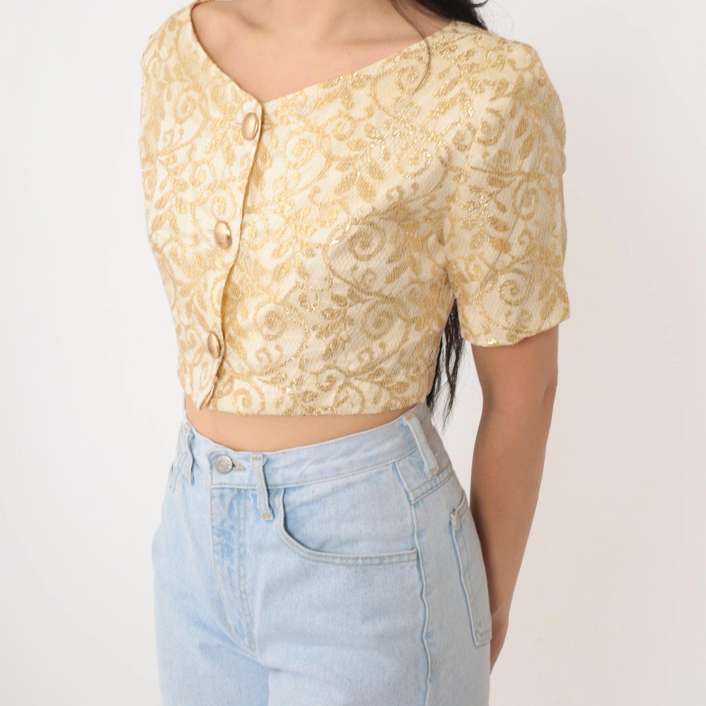 90s Cream Gold Metallic Lace Crop Top Button Up Blouse Small