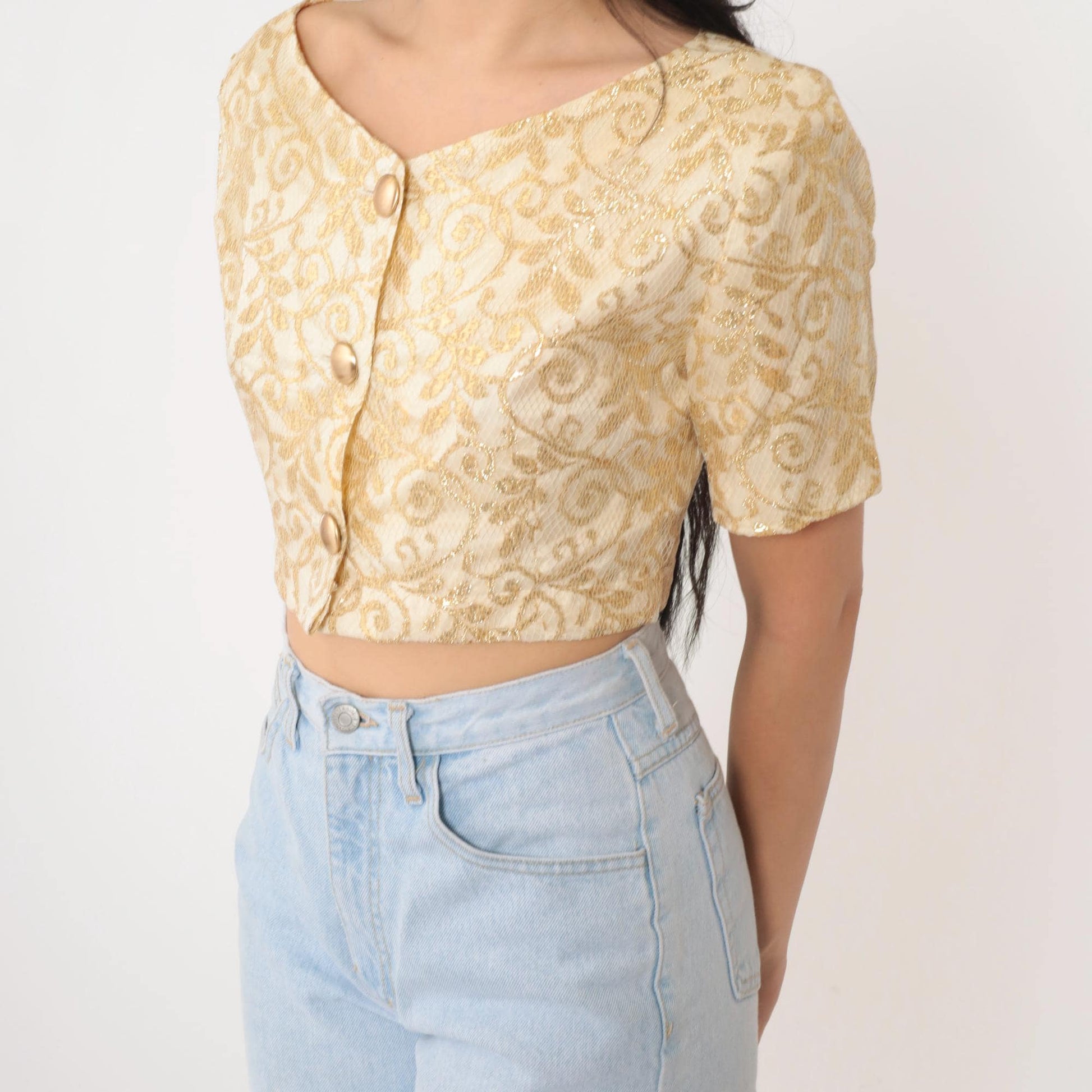 90s Cream Gold Metallic Lace Crop Top Button Up Blouse Small