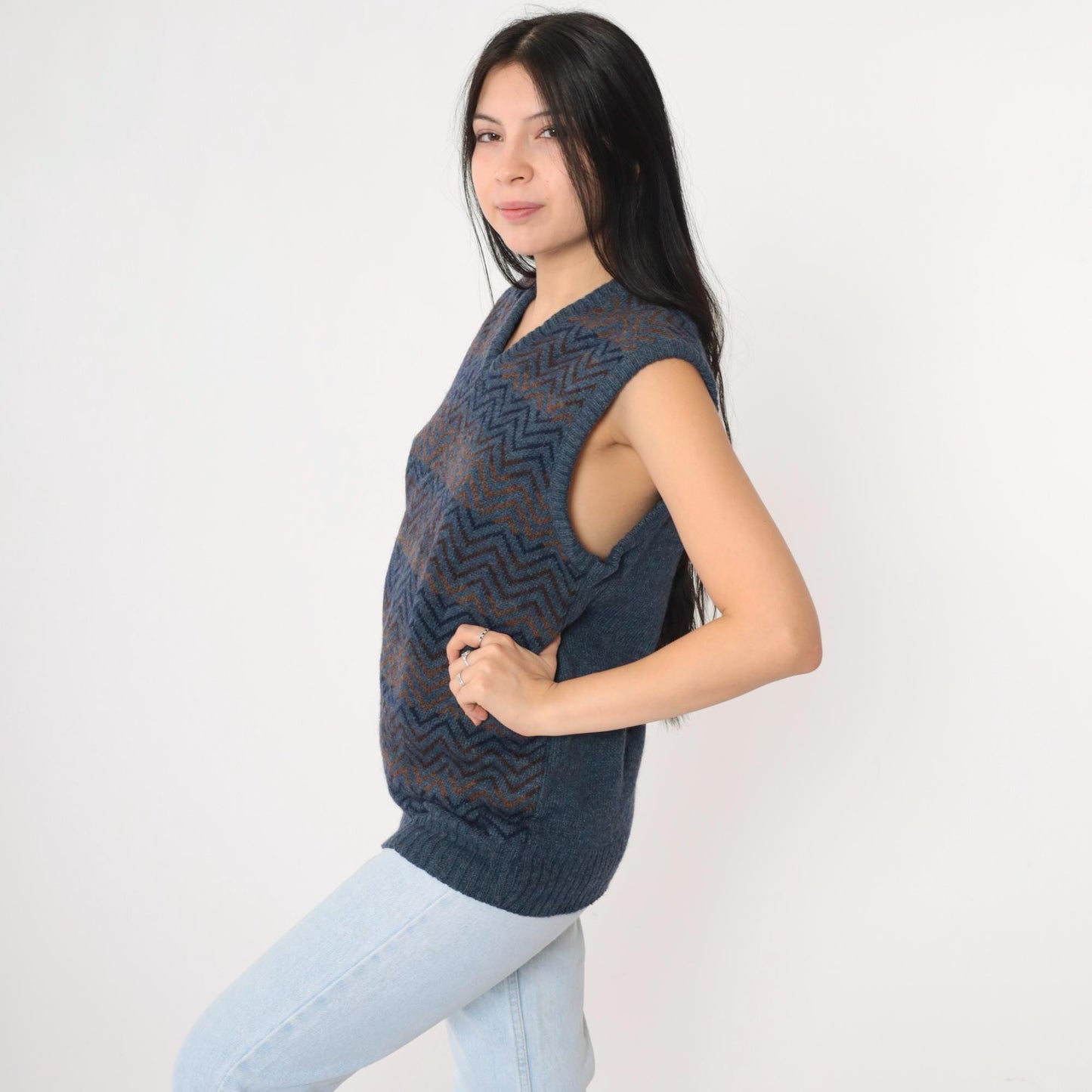80s Robert Bruce Wool Blend Sweater Vest Zig Zag Stripe Blue V-Neck Medium