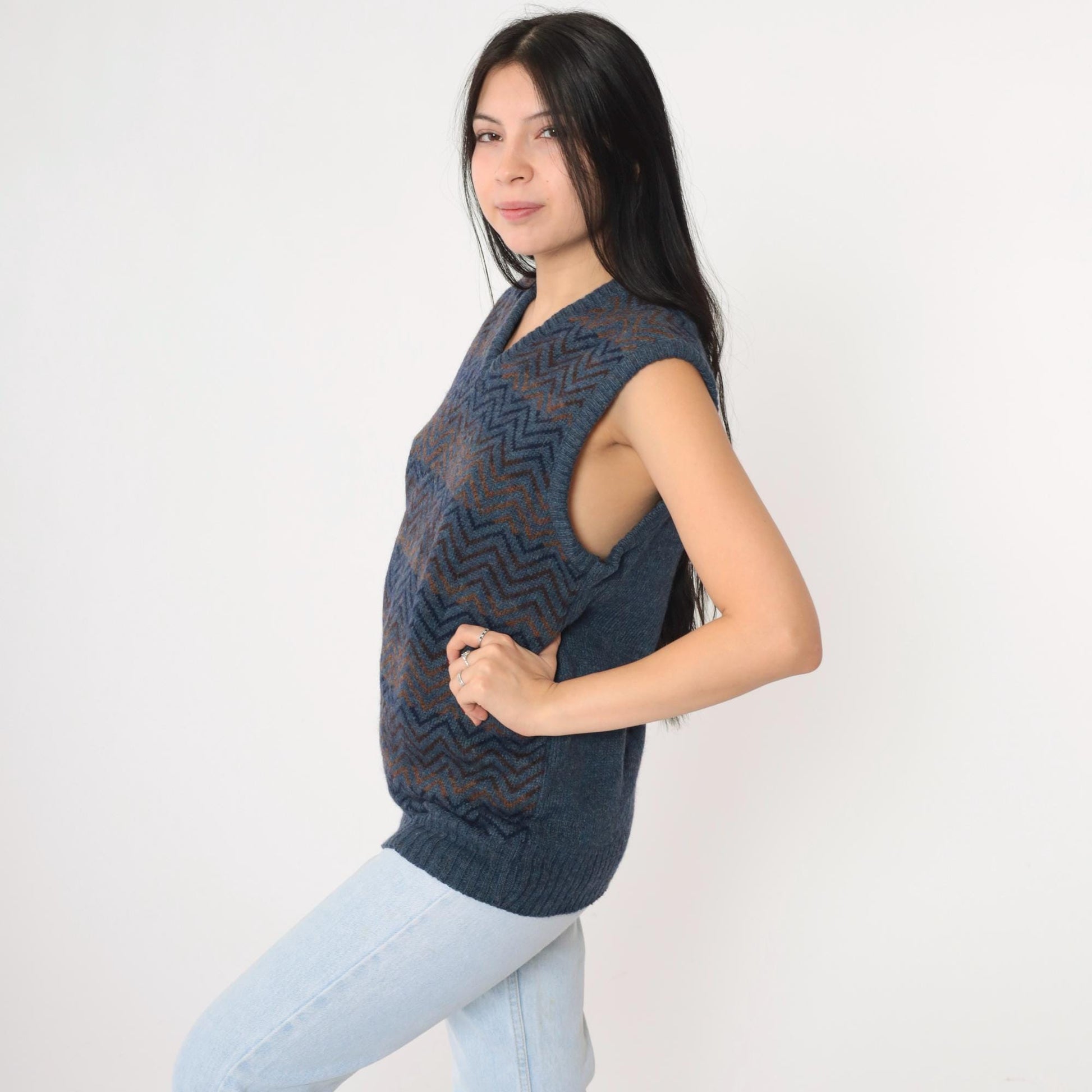 80s Robert Bruce Wool Blend Sweater Vest Zig Zag Stripe Blue V-Neck Medium