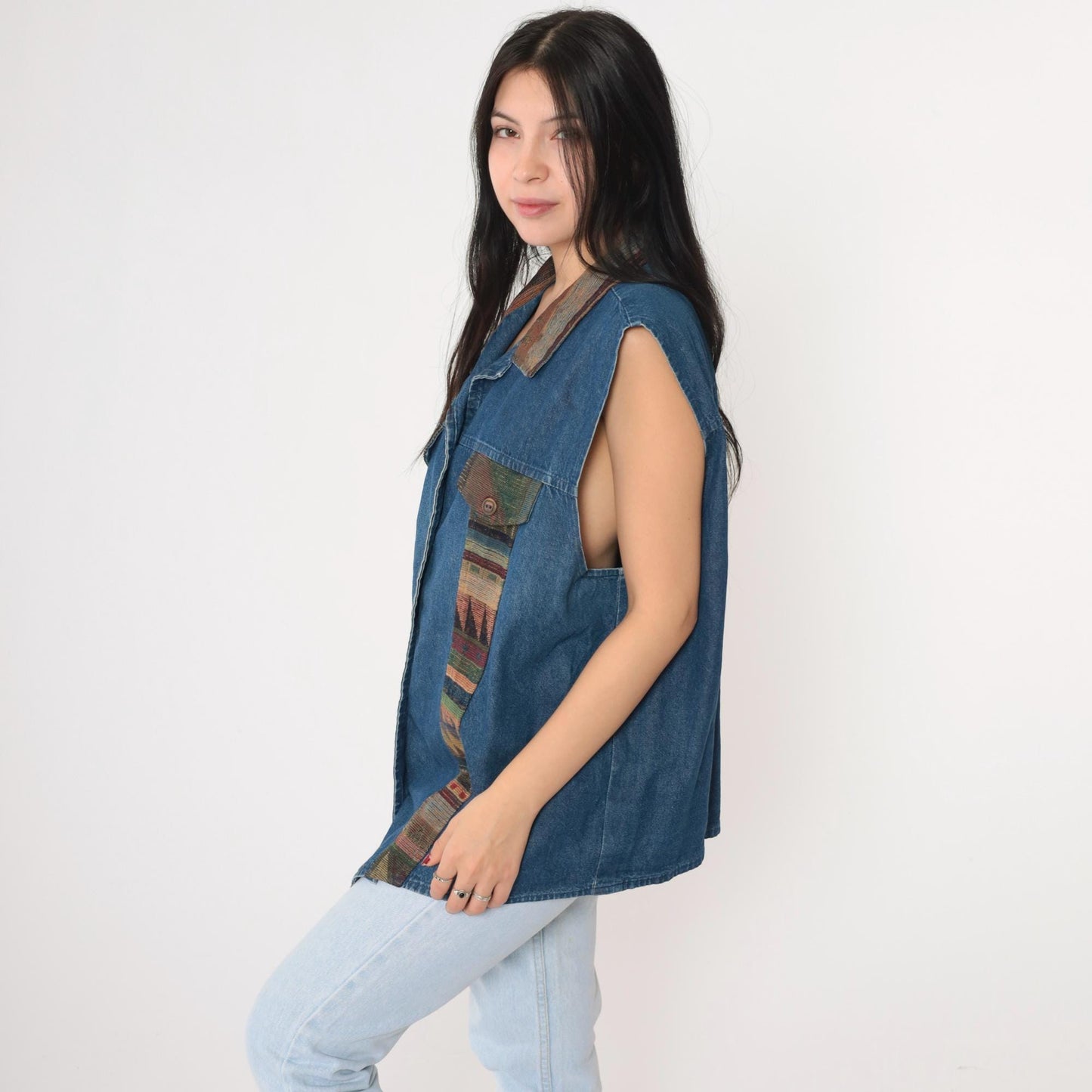 90s Southwestern Denim Vest Blue Tapestry Button Up Cotton Plus Size XXL