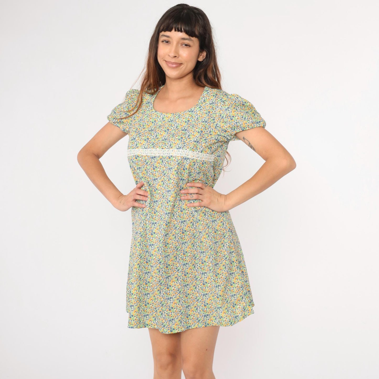 60s Floral Babydoll Dress Puff Sleeve Empire Waist Mini Green Blue Medium