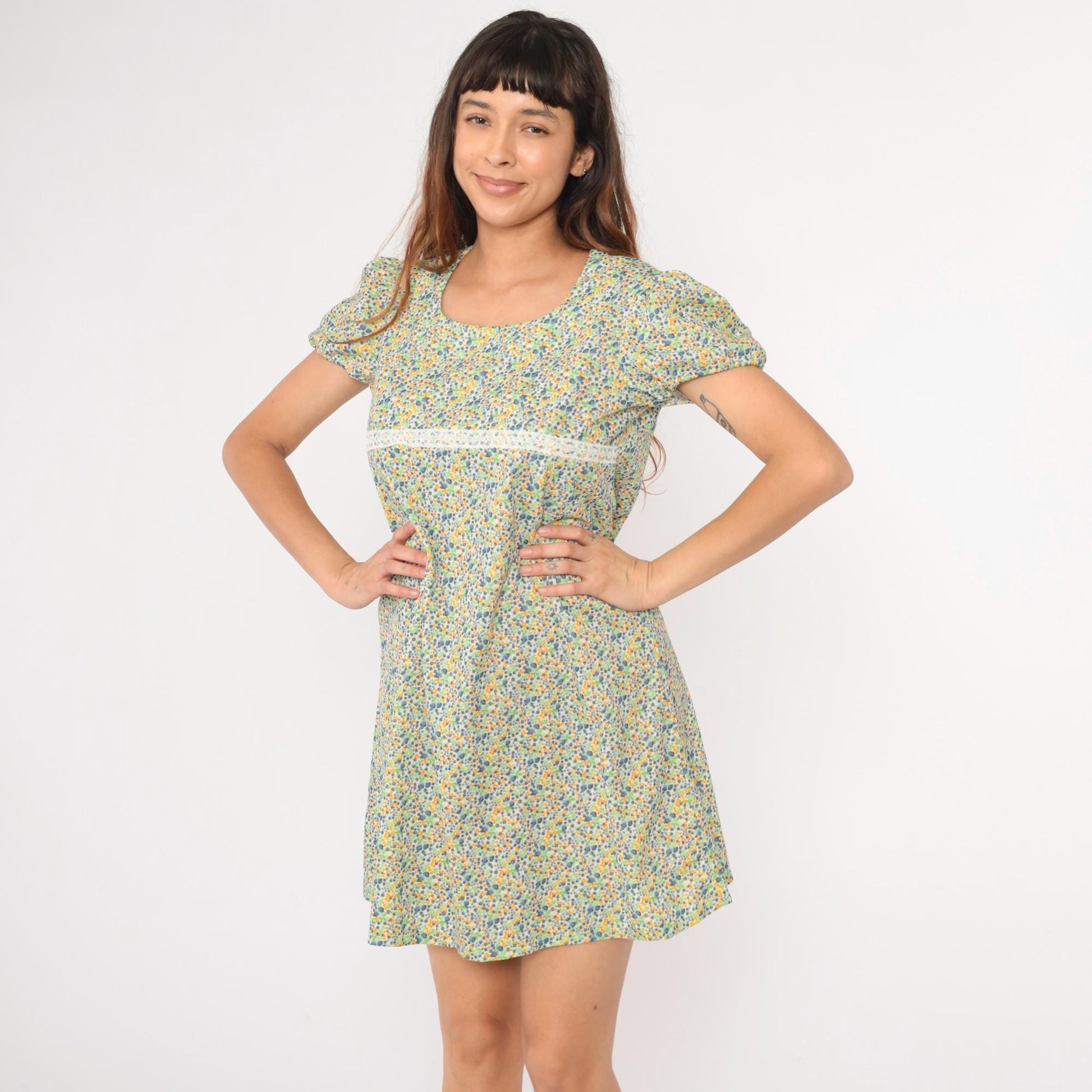 60s Floral Babydoll Dress Puff Sleeve Empire Waist Mini Green Blue Medium