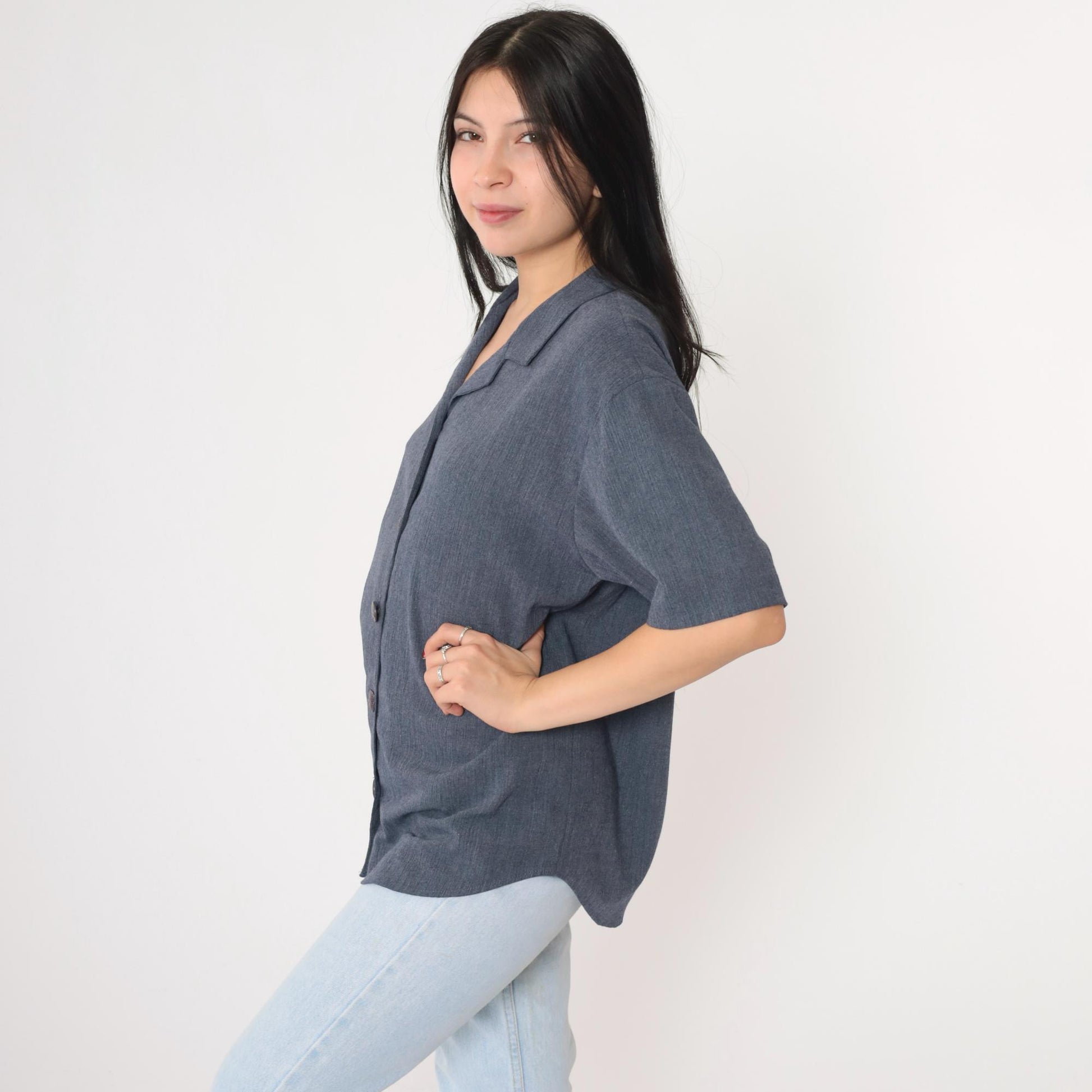 90s Teddi Blueish Grey Button-Up Blouse Short Sleeve Medium