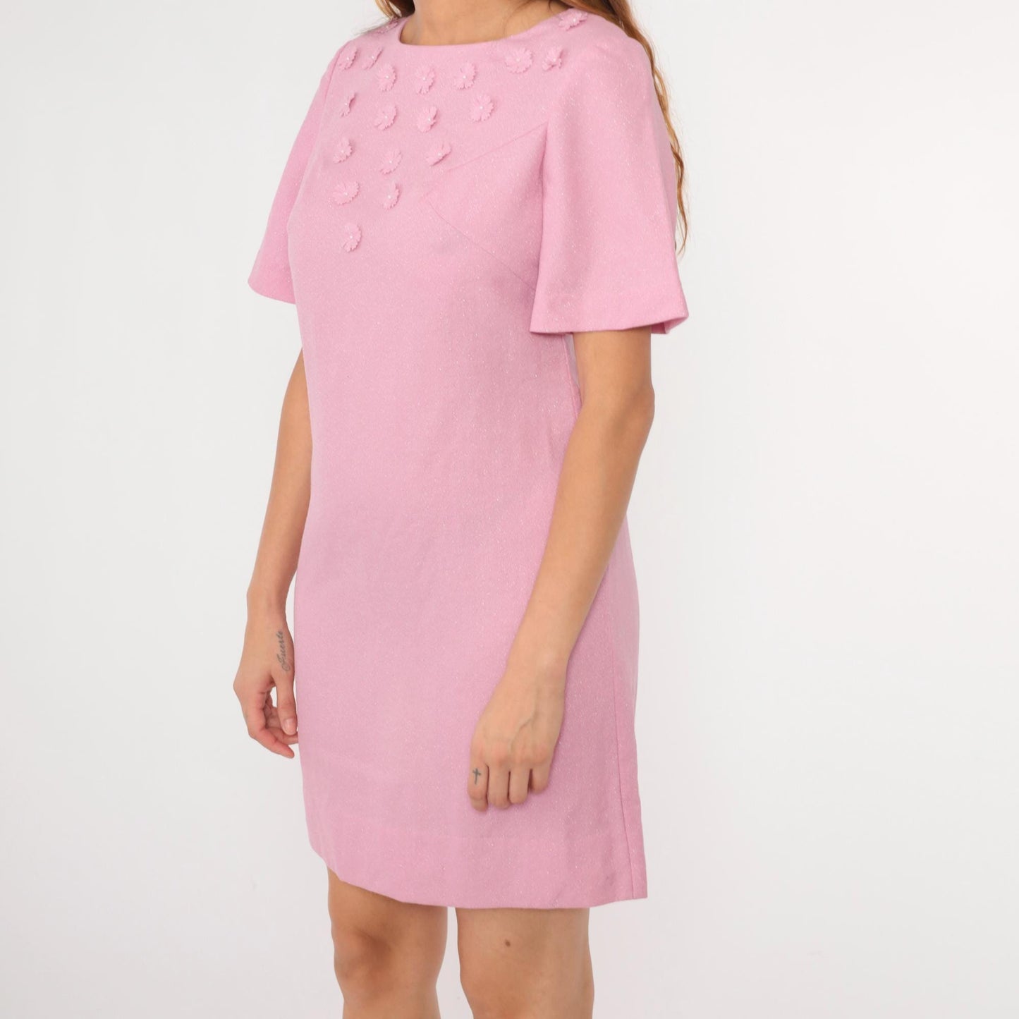60s Metallic Pink Mini Dress Pearl Beaded Floral Shift Short Sleeve Medium