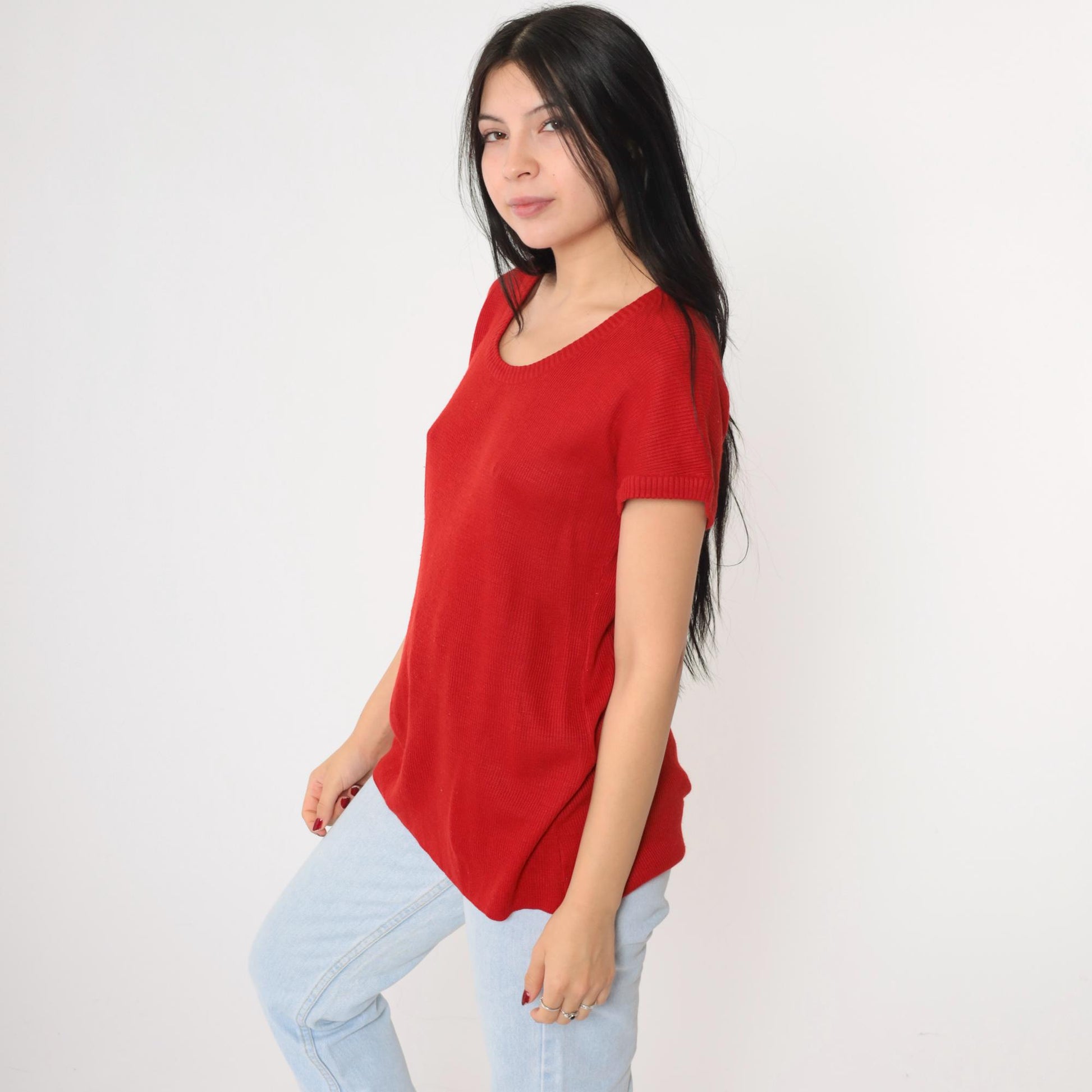 80s Red Ribbed Knit Scoop Neck Longline Top Short Sleeve Small