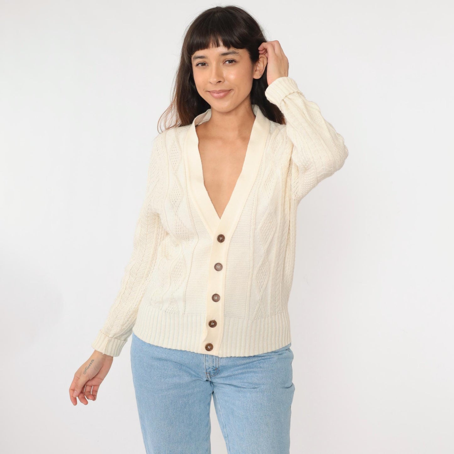 70s Fishers Castleton Cream Cardigan Diamond Knit V-Neck Button-Up Small