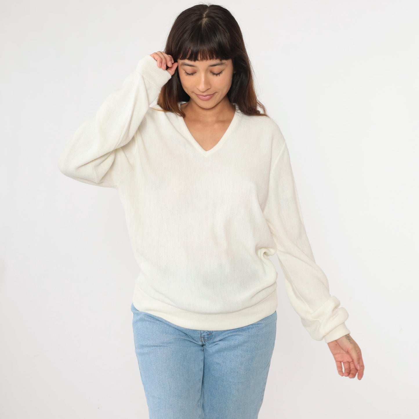 80s Sportswear by Bryant White V-Neck Knit Sweater Pullover Large L