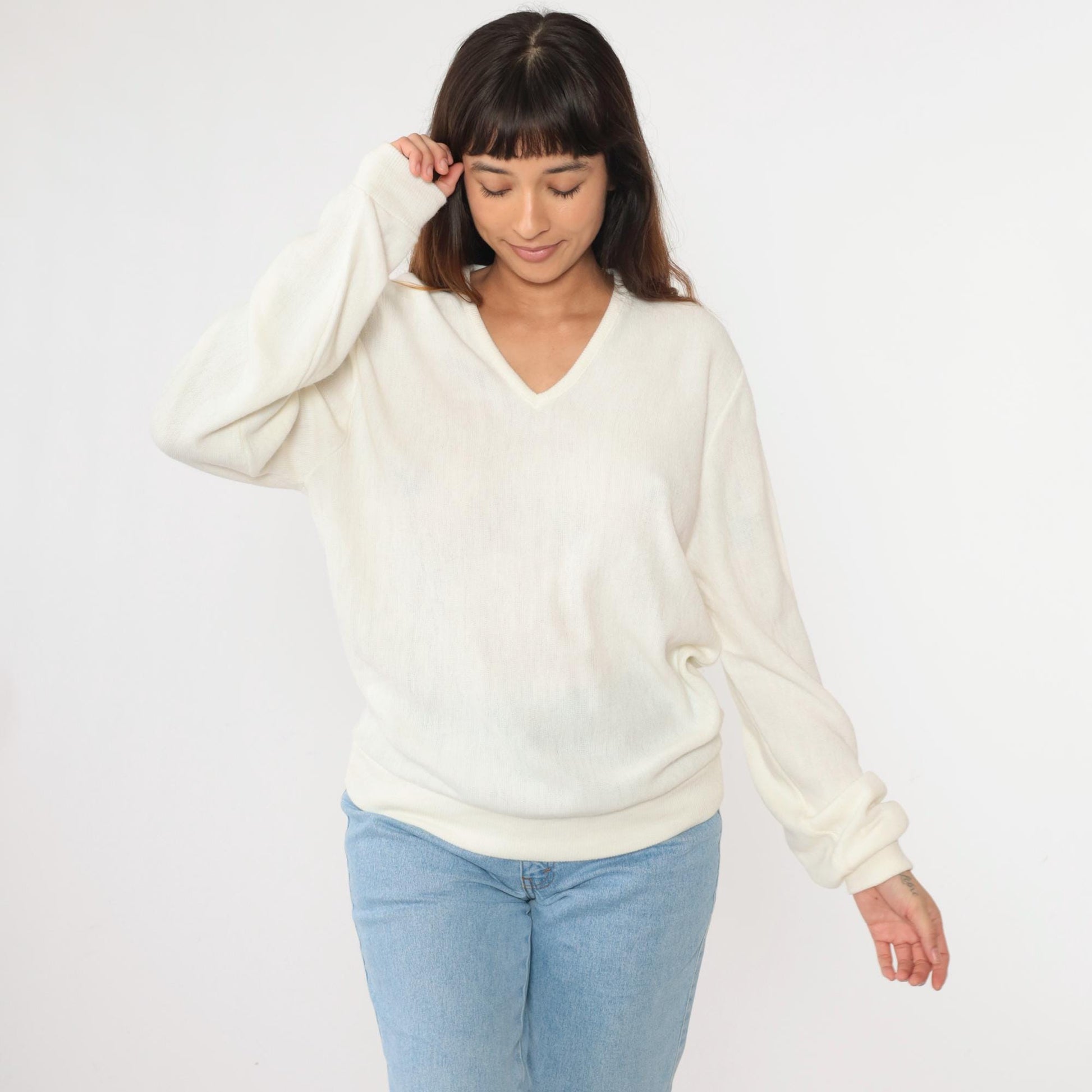 80s Sportswear by Bryant White V-Neck Knit Sweater Pullover Large L