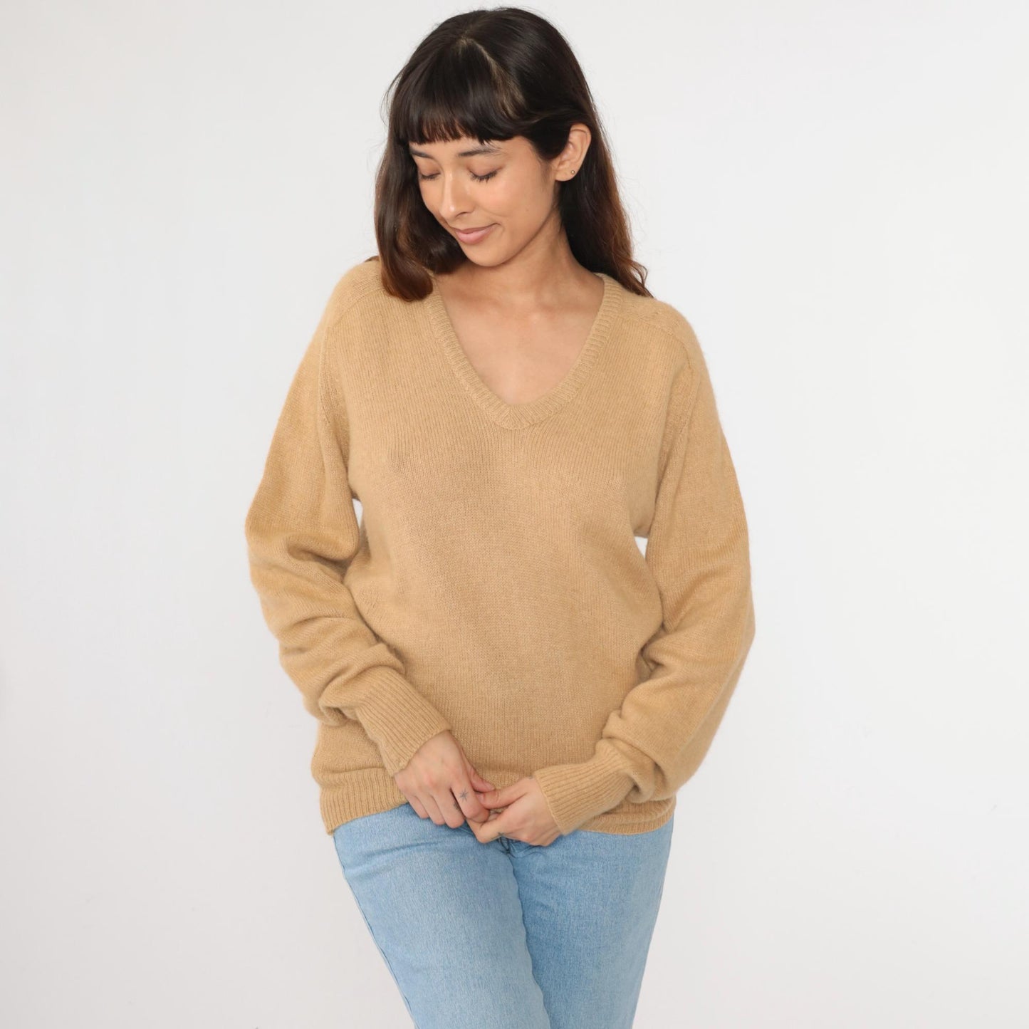80s Tan V-Neck Knit Sweater Slouchy Pullover Small