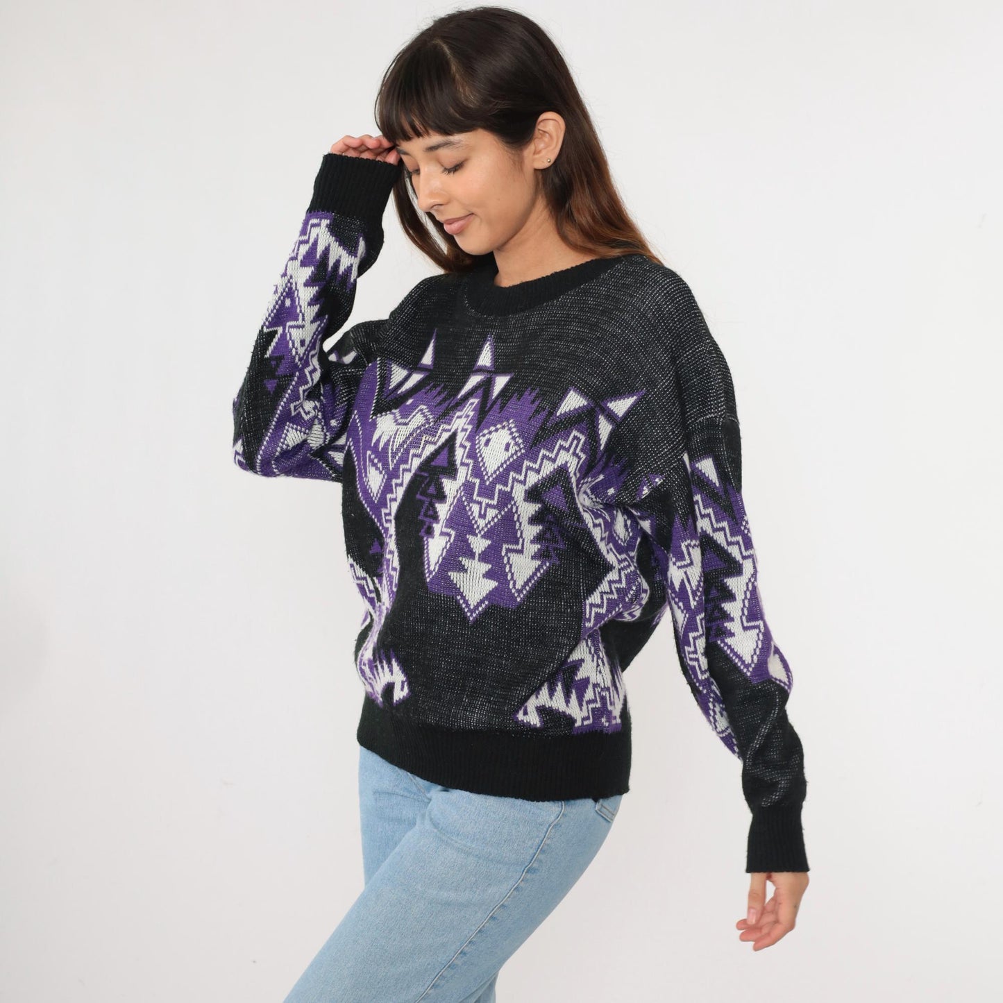 80s Geometric Snake Pattern Sweater Purple Black Acrylic Crewneck Large