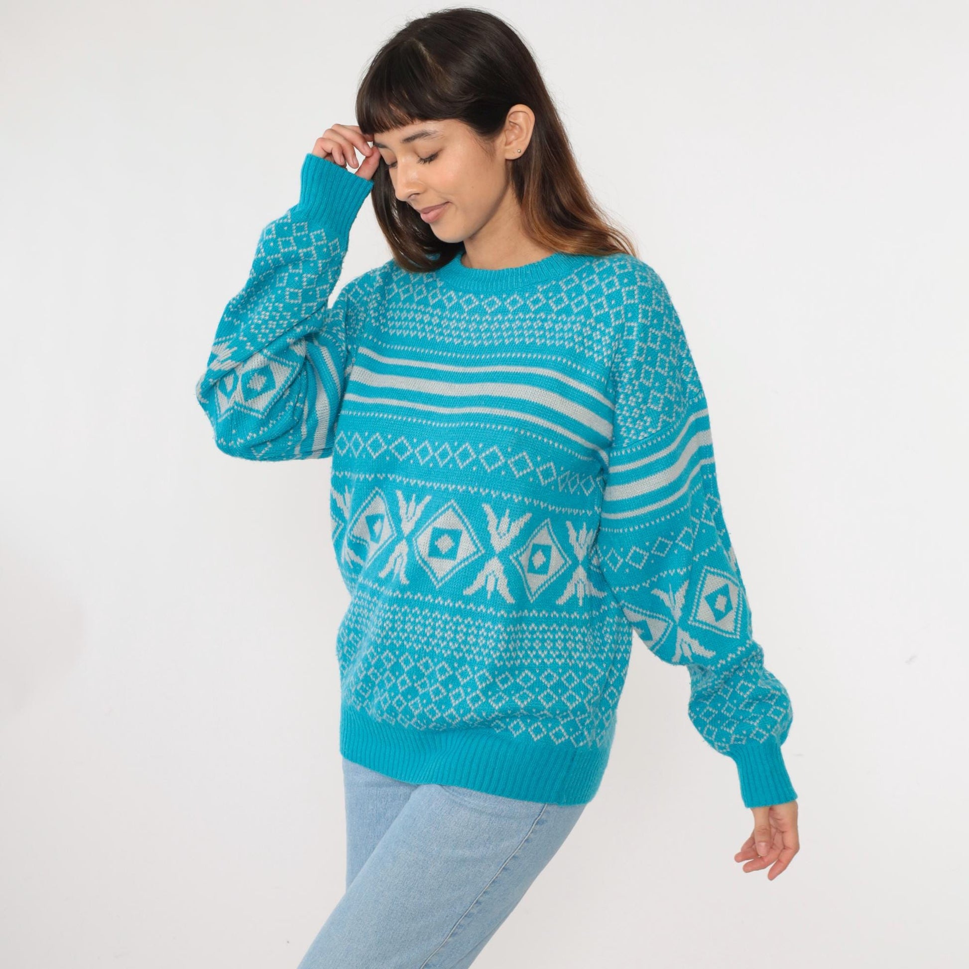 80s Geometric Knit Sweater Bright Blue Diamond Abstract Crewneck Medium M