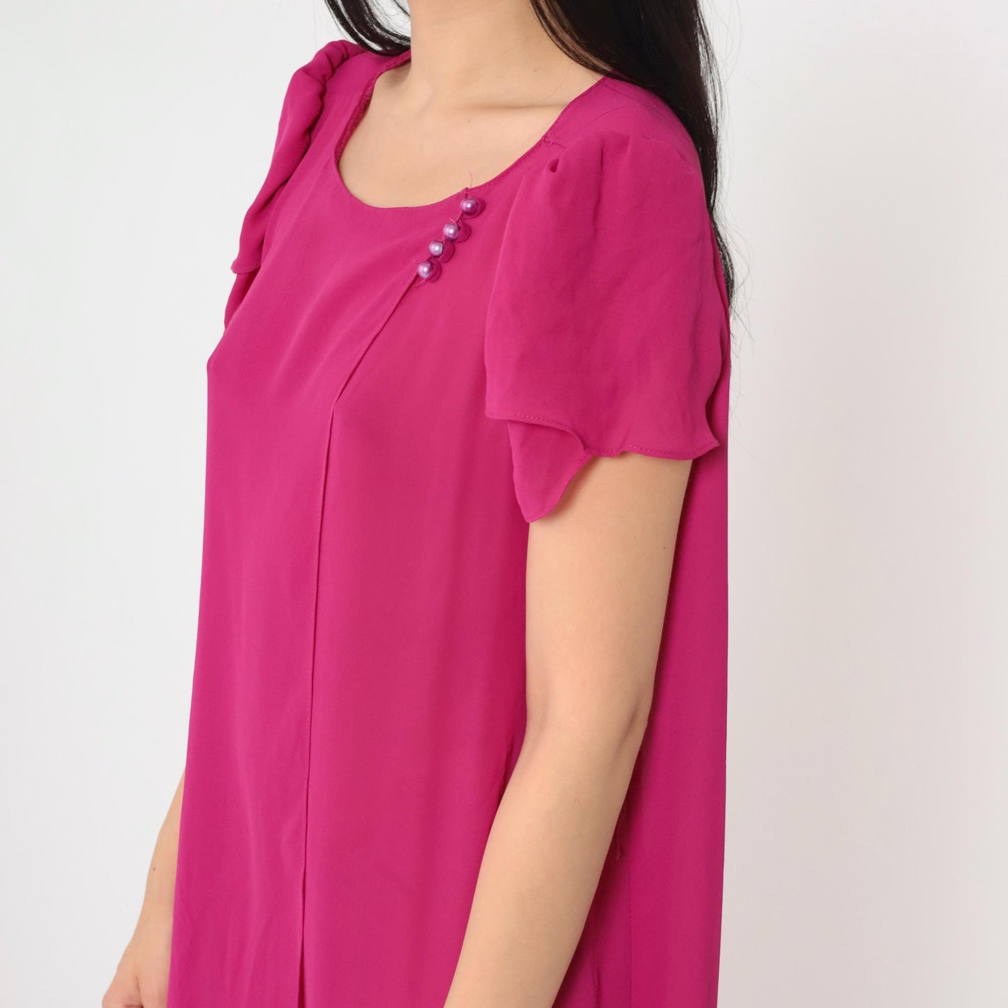 80s Fuchsia Chiffon Shift Dress Puff Sleeve Semi-Sheer Medium