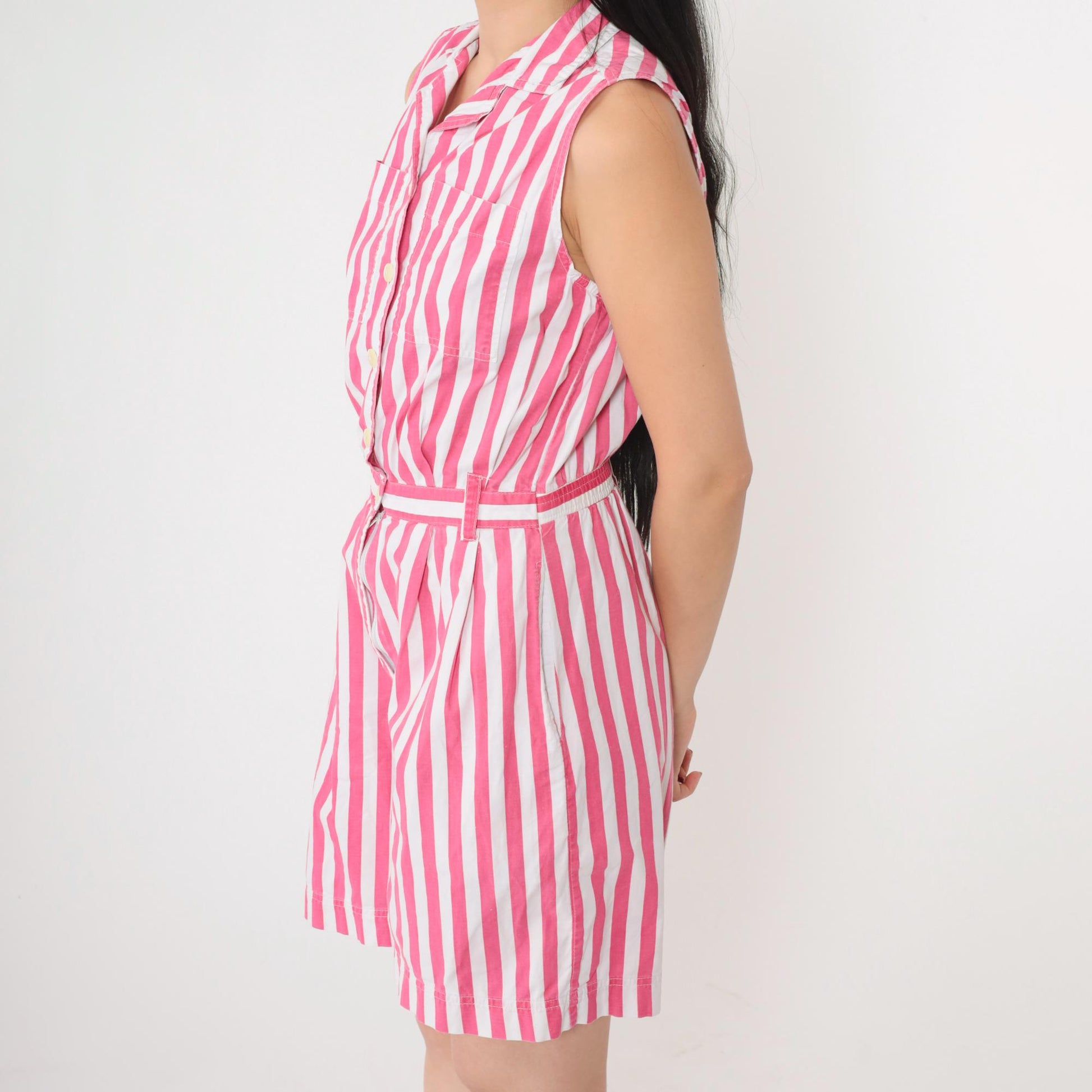 80s Striped Button-Up Romper White Pink High Waist Cotton Sleeveless Small