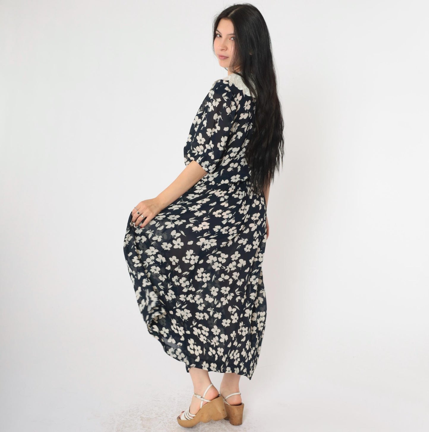 80s Karin Stevens Navy Floral Maxi Dress Pleated High Waist Puritan Collar Medium