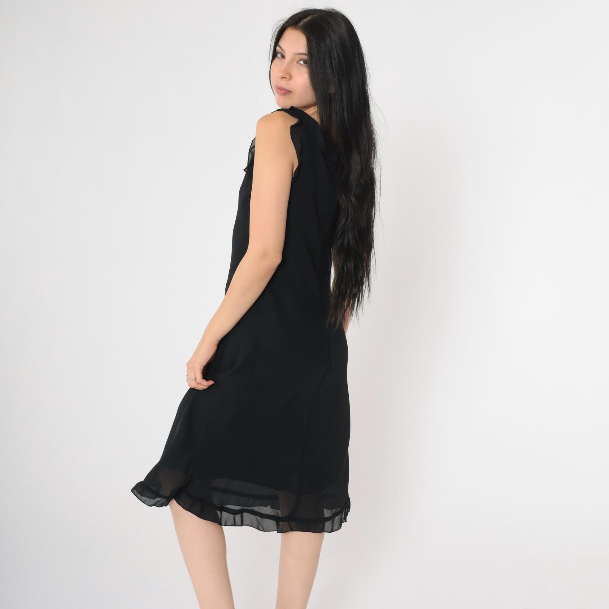 90s Black Chiffon Midi Dress V Neck Ruffled Sleeveless Shift Medium