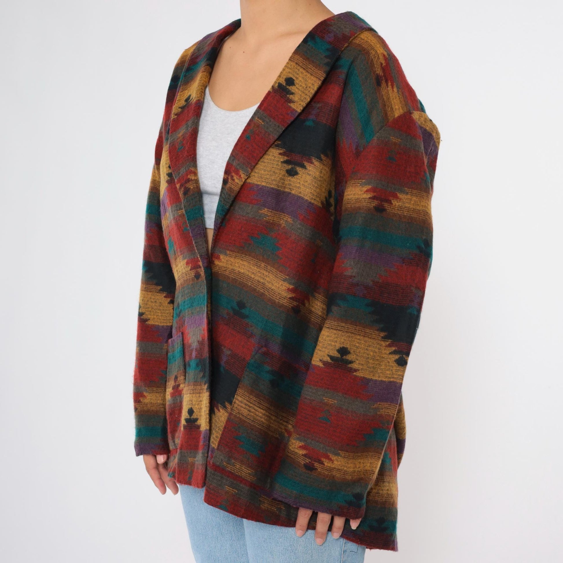 90s Southwestern Striped Blazer Red Yellow Blue Button Up Jacket Plus Size XXL