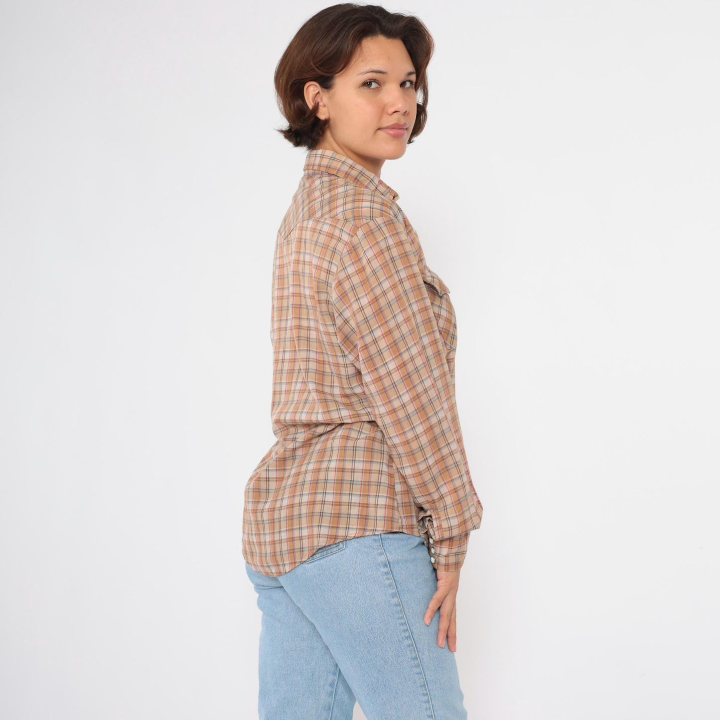 80s Dakota Western Pearl Snap Shirt Burnt Orange Tan Plaid Large
