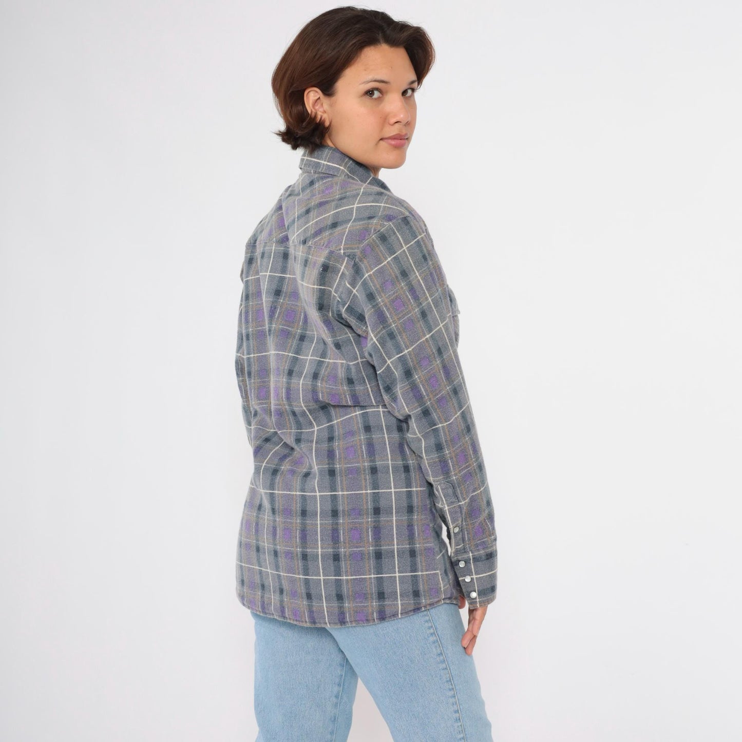 90s Rock Creek Ranch Pearl Snap Flannel Shirt Grey Purple Plaid Medium