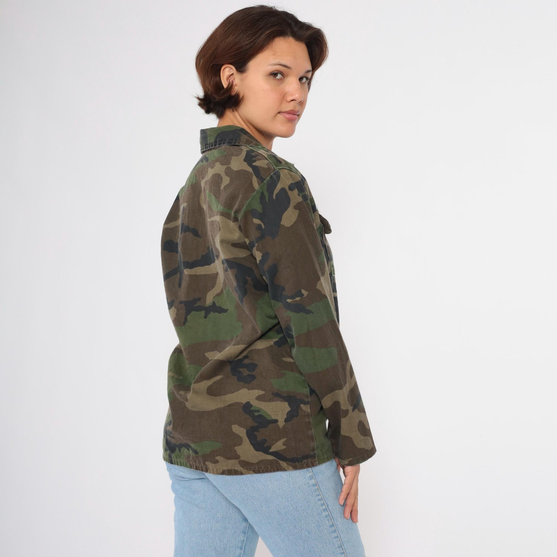 90s Army Camouflage Button-Up Shirt Green Cargo Pockets Small