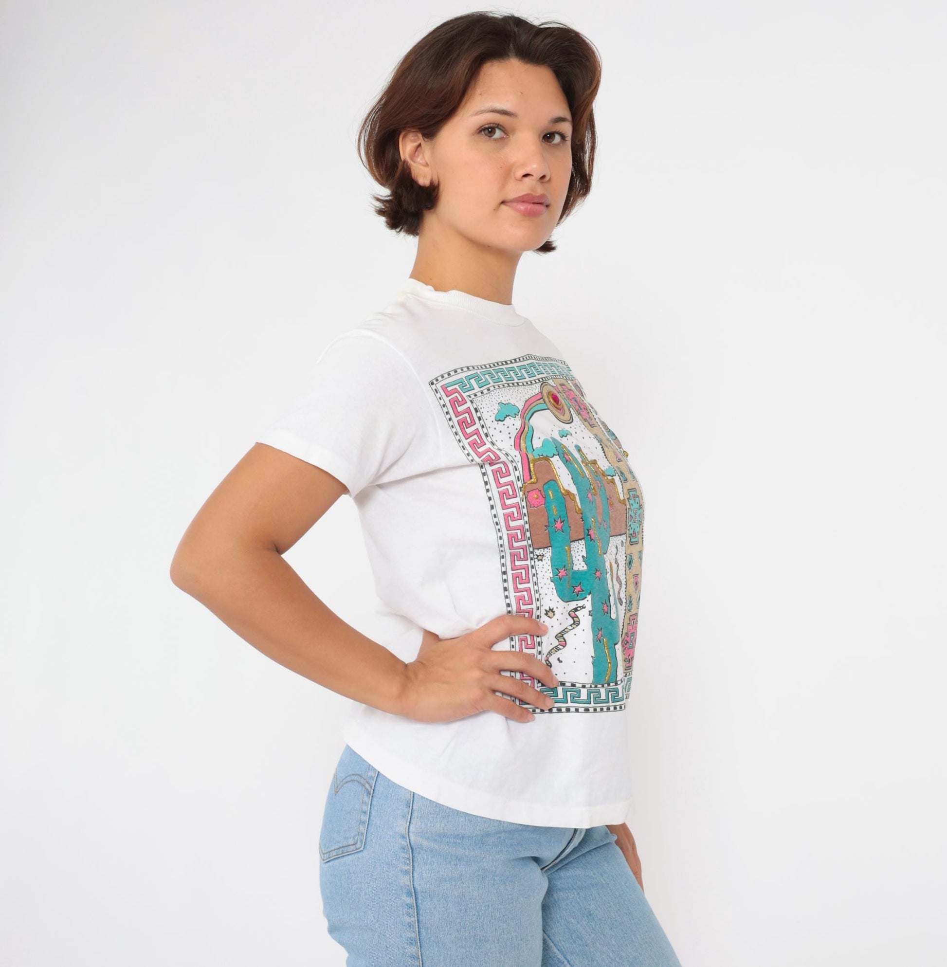 90s Southwestern Cactus Snake Graphic T-Shirt Sparkly Beaded Medium M