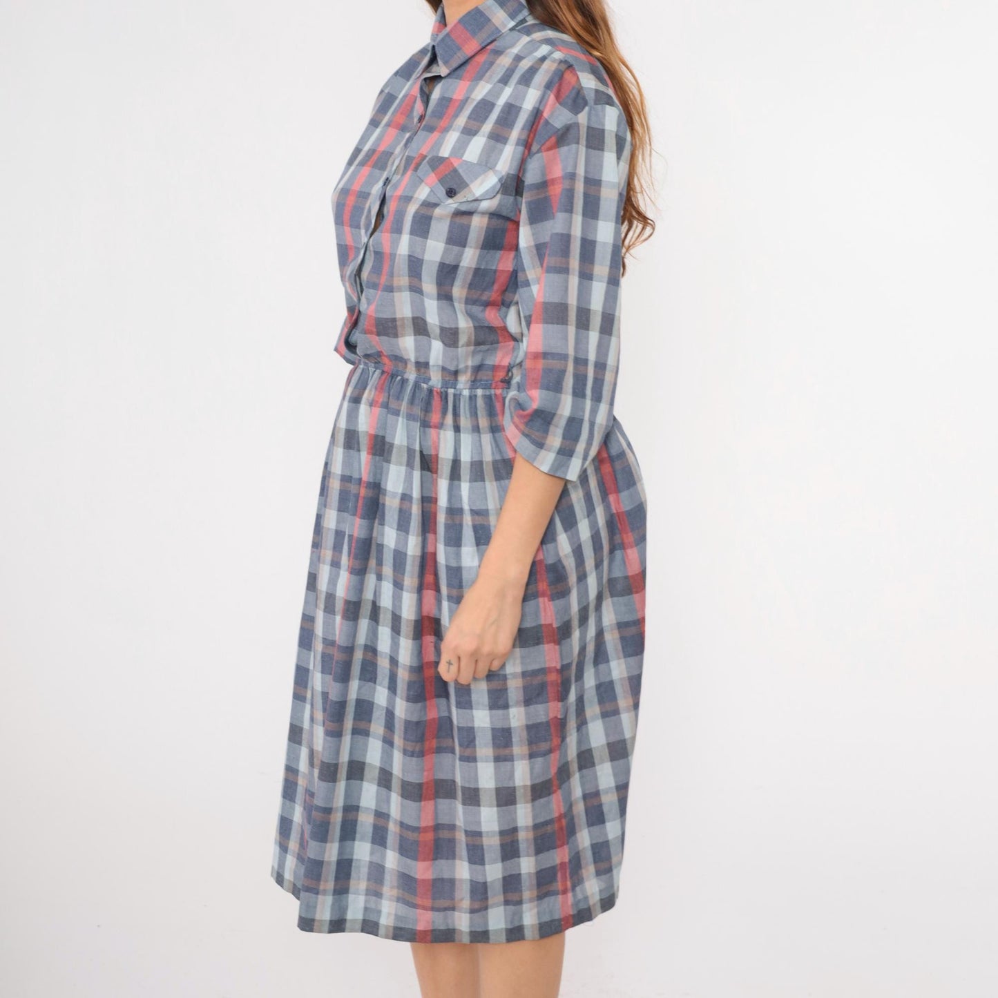 80s Paul Alfred Plaid Shirt Dress Blue Red Midi High Waist Medium