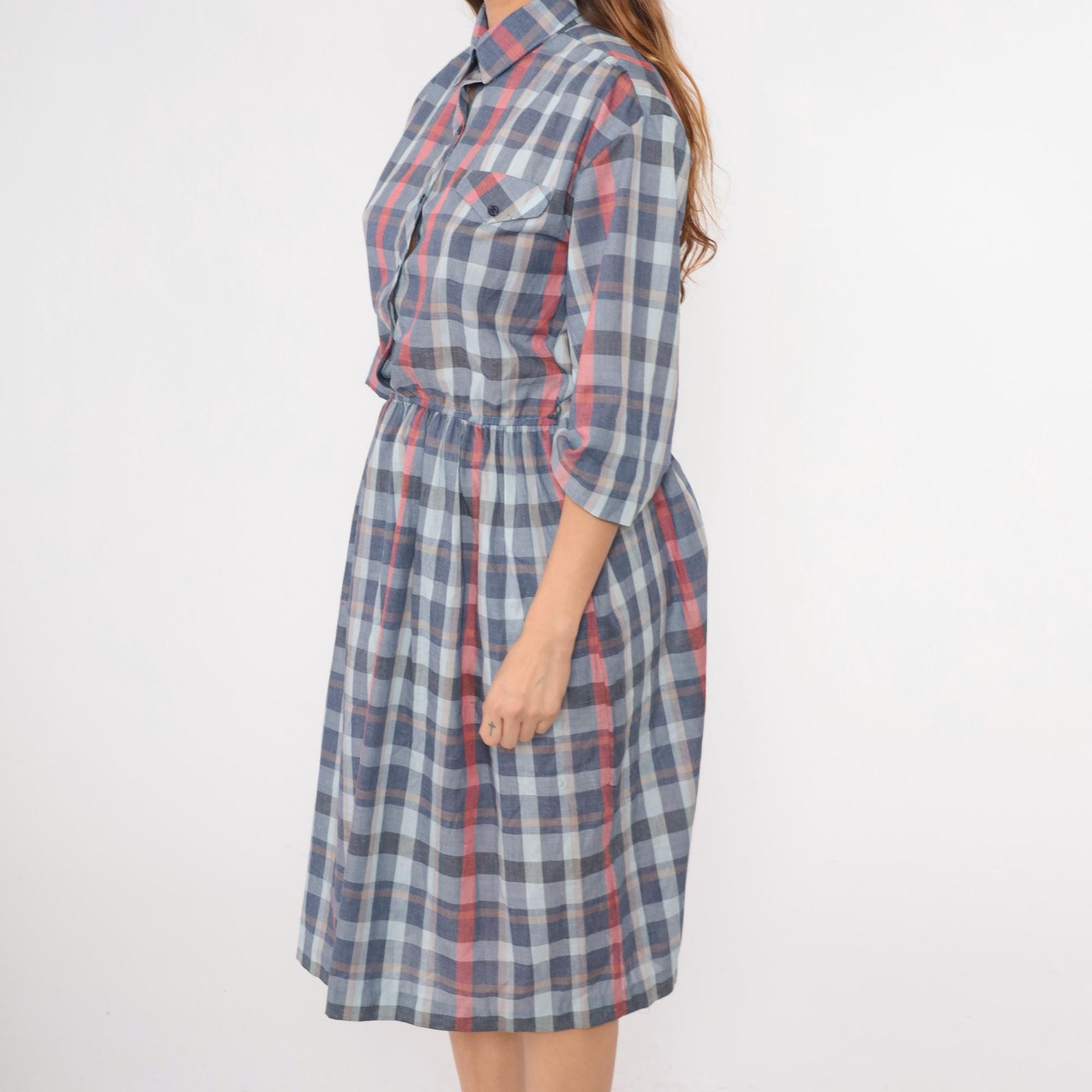 80s Paul Alfred Plaid Shirt Dress Blue Red Midi High Waist Medium