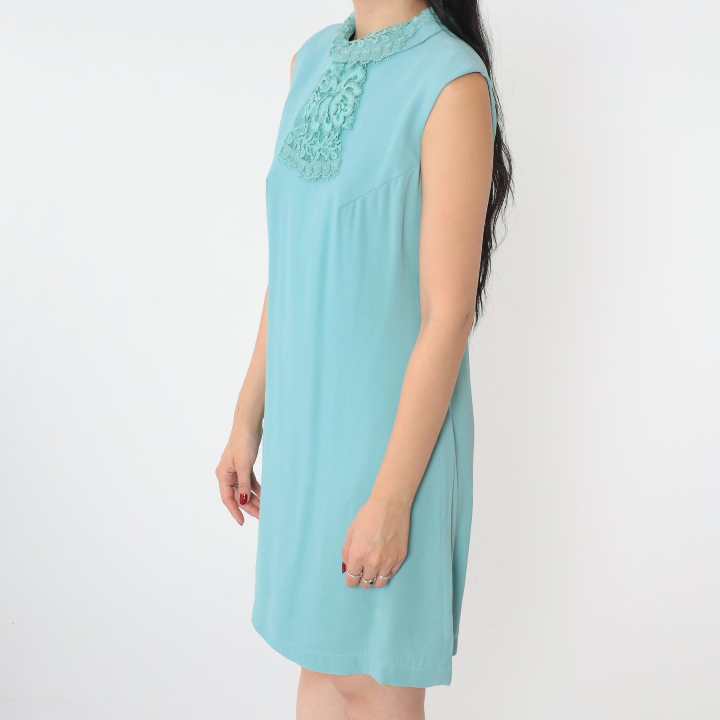 60s Mod Blue Shift Dress Lace Jabot Collar Sleeveless Mini Small Medium