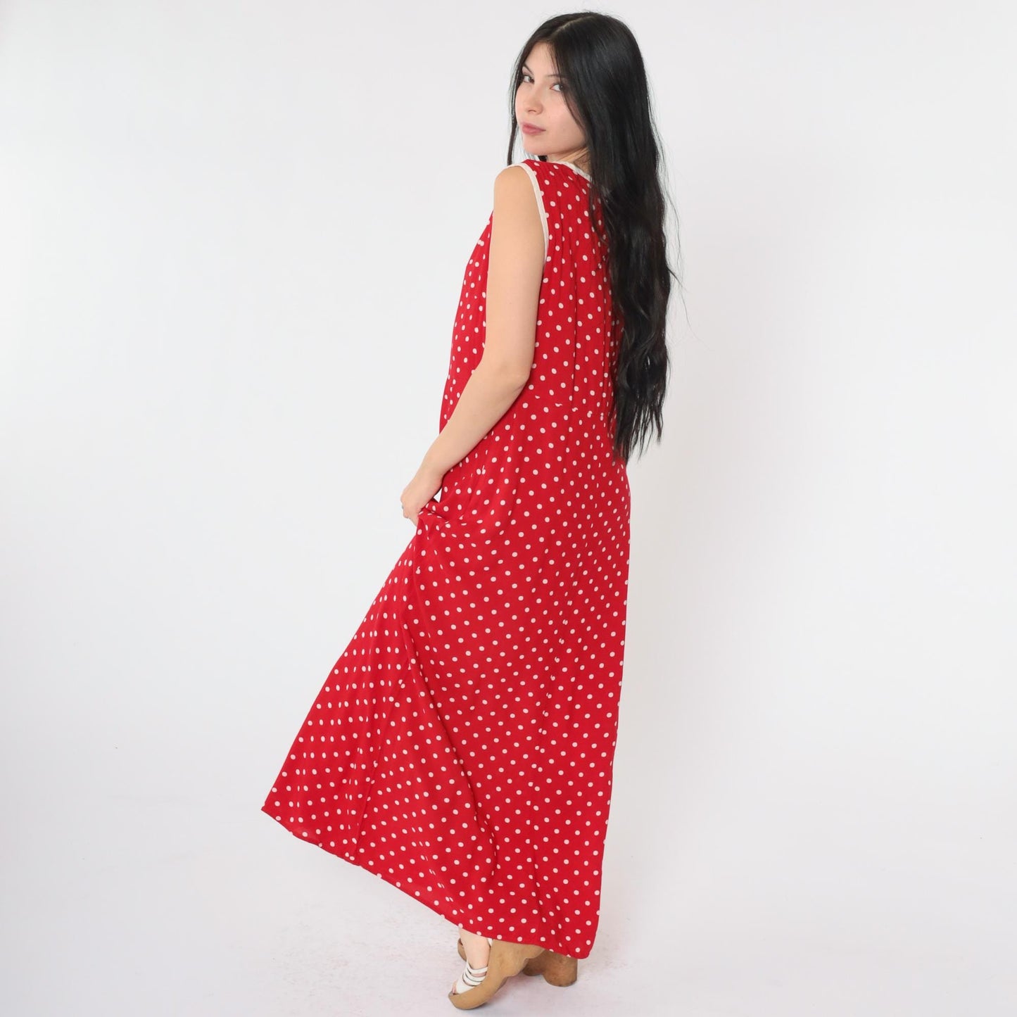 90s Red Polka Dot Maxi Dress Sleeveless High Waist Scoop Neck Medium