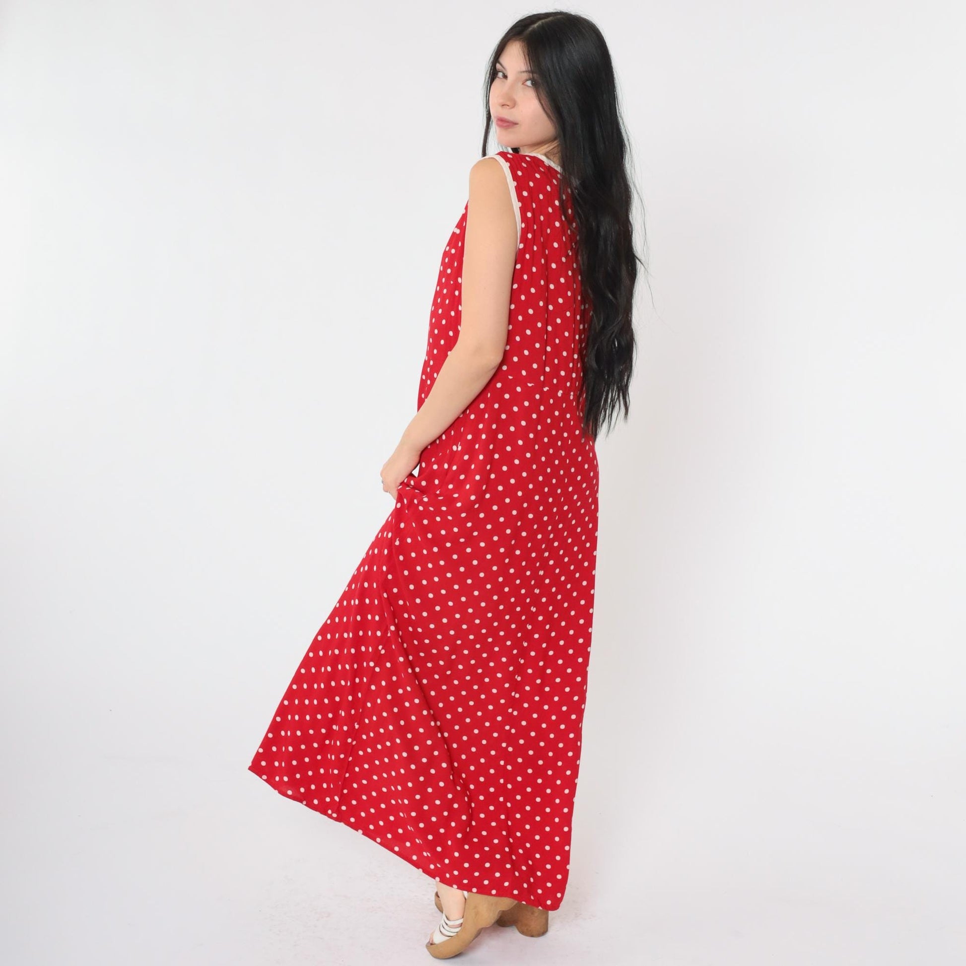 90s Red Polka Dot Maxi Dress Sleeveless High Waist Scoop Neck Medium
