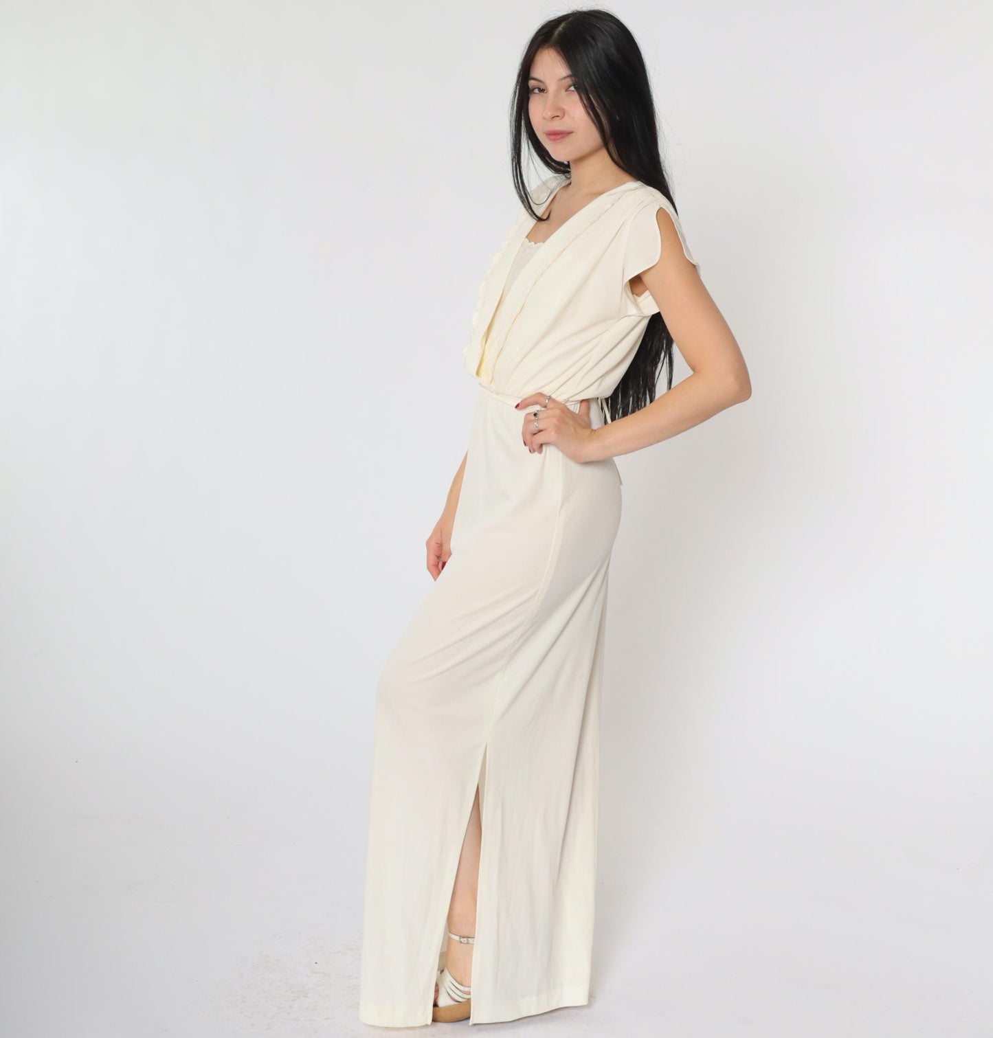 70s Cream Maxi Dress Embroidered Floral Wrap Bodice Flutter Sleeve Small