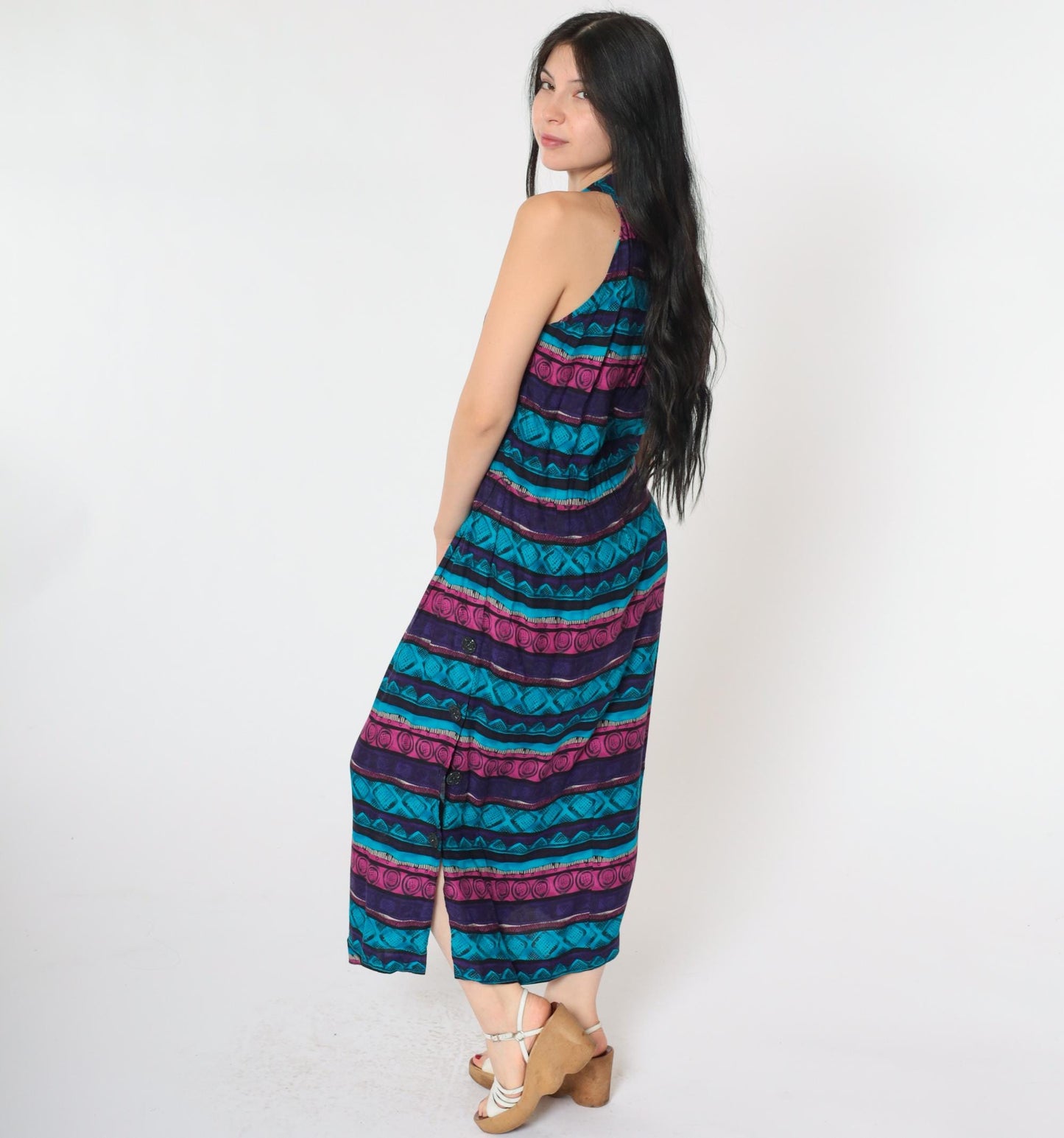 90s Geometric Midi Dress Racerback Sleeveless Blue Purple Pink Medium