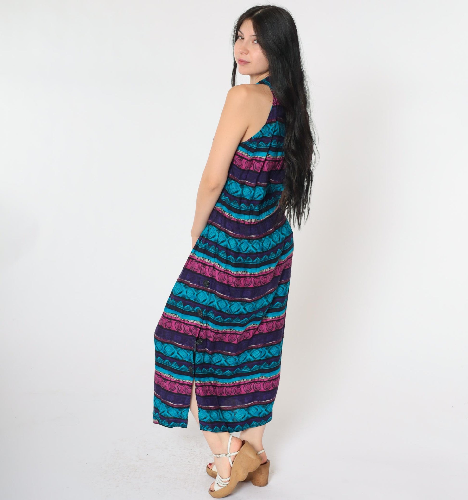 90s Geometric Midi Dress Racerback Sleeveless Blue Purple Pink Medium