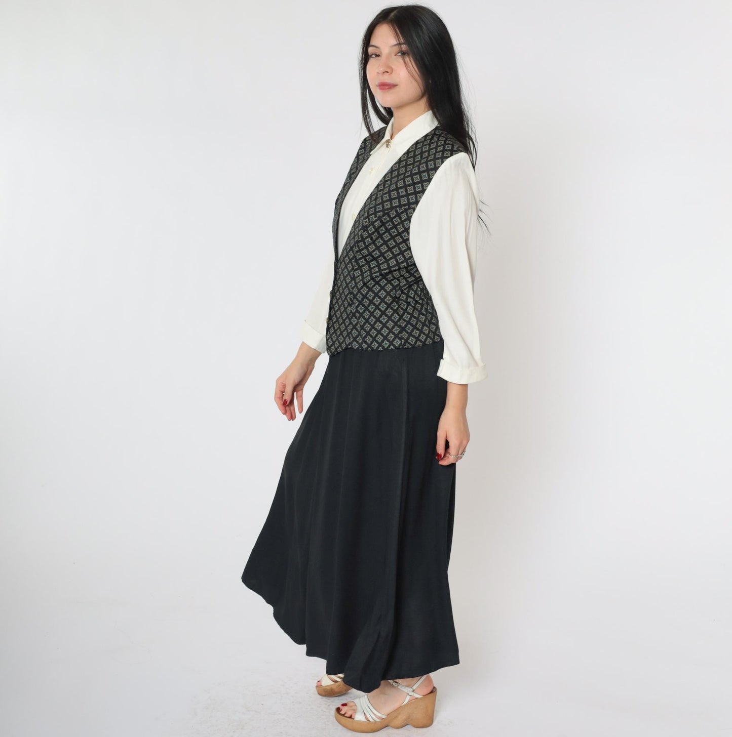 90s S.L. Fashions Maxi Dress Attached Geometric Vest White Black Button Front Small