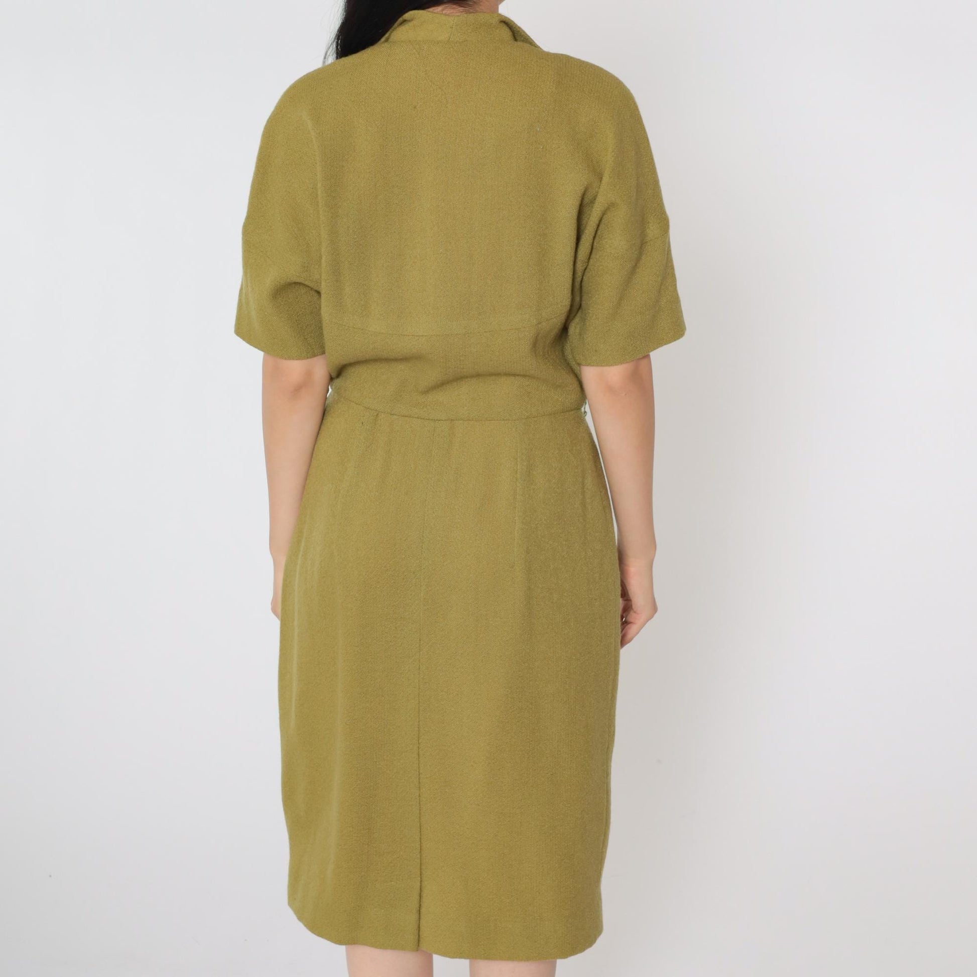 60s Olive Green Wool Pencil Dress Button Front High Waist Short Sleeve Midi Medium 8