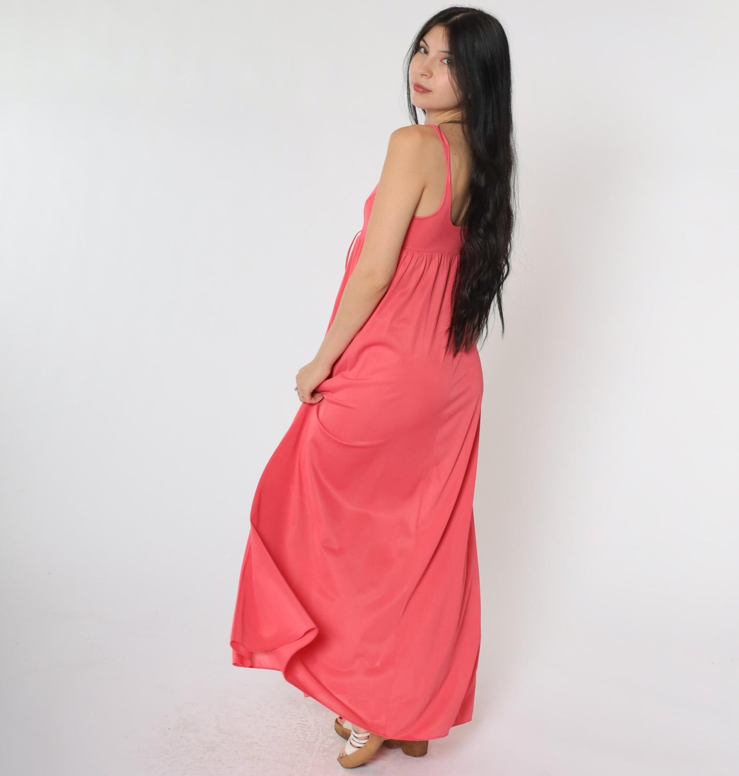 70s Coral Pink Lace-Up Slip Dress Maxi Empire Waist Scoop Neck Extra Small