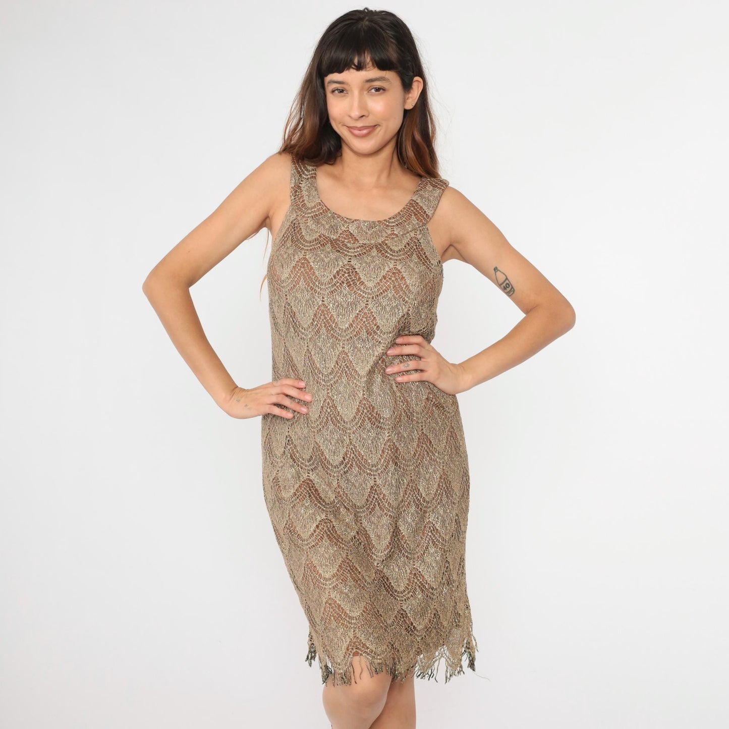 90s S.L. Fashions Metallic Lace Mini Dress Gold Fringe Sleeveless Shift Extra Large XXL