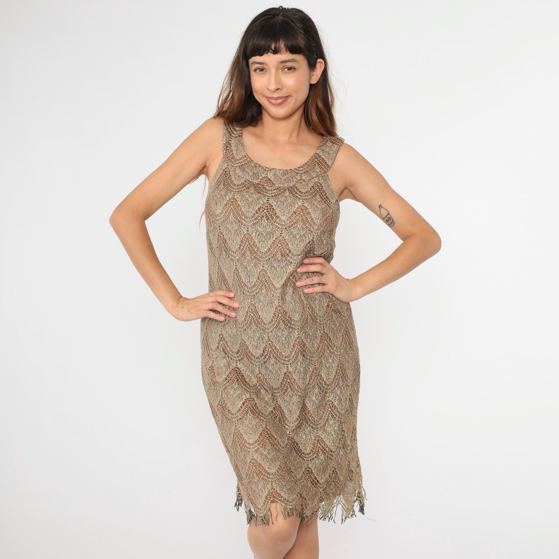 90s S.L. Fashions Metallic Lace Mini Dress Gold Fringe Sleeveless Shift Extra Large XXL