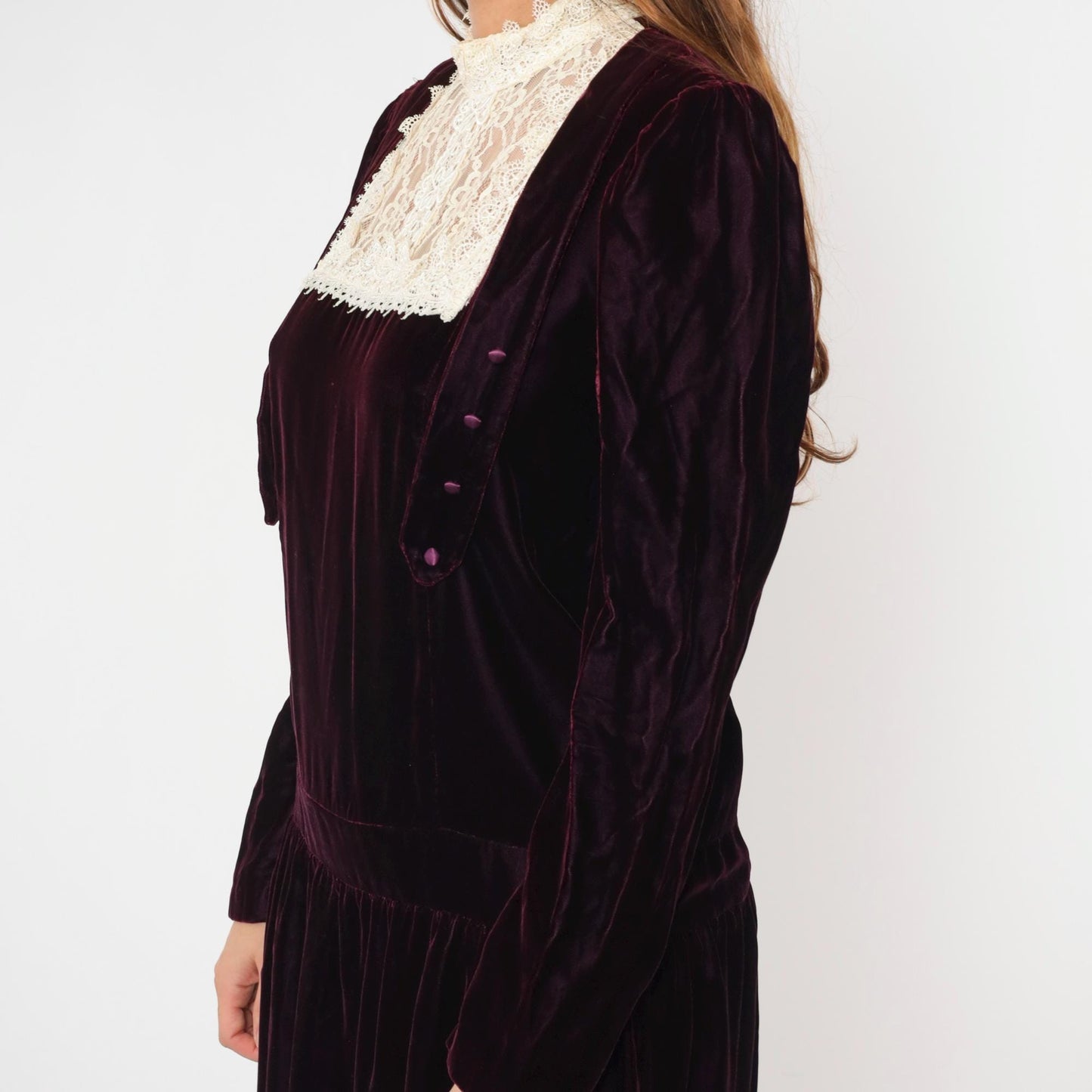 80s Jessica McClintock Purple Velvet Midi Dress Cream Lace High Neck Medium