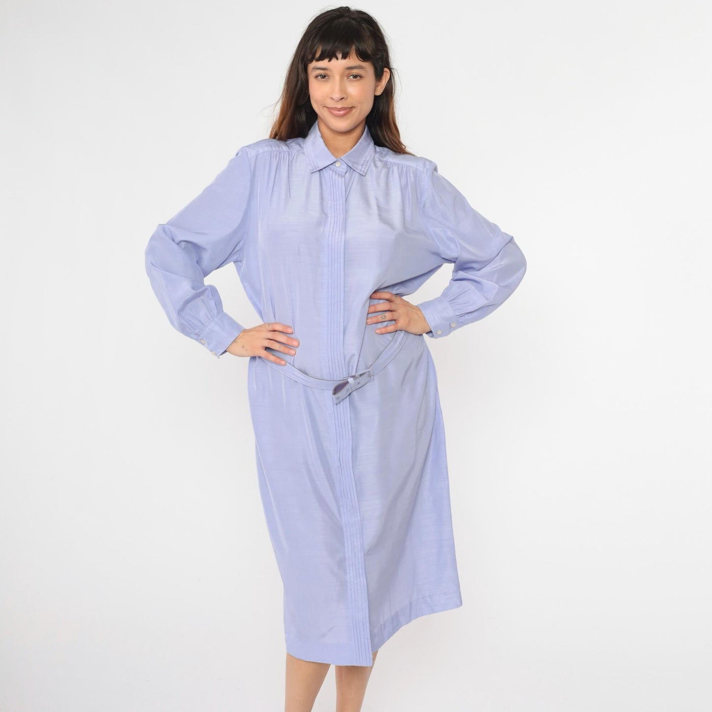 80s Lavender Shirt Dress Pleated Front Belted Midi Button Up Long Sleeve Extra Large XXL